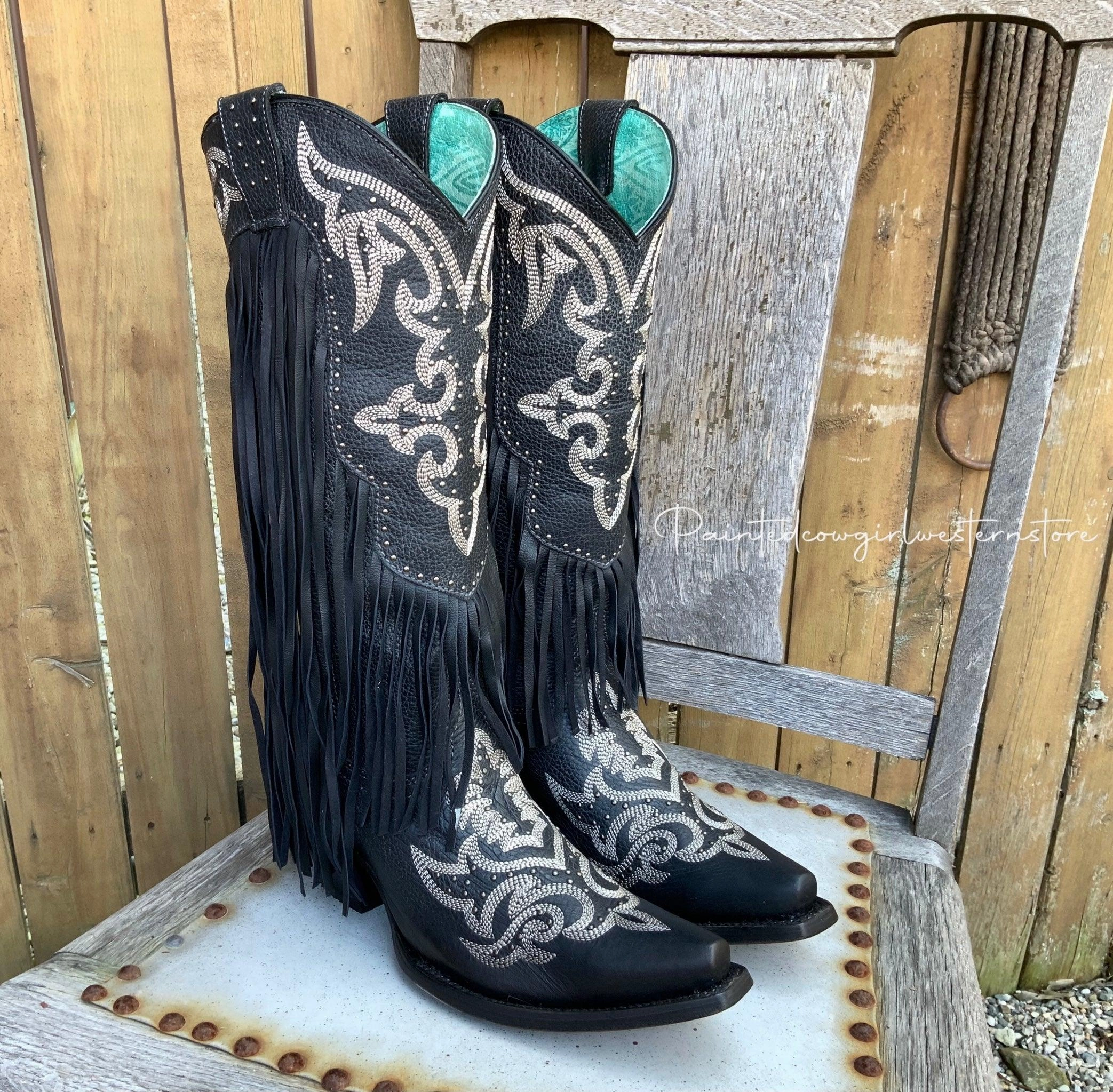 Neutral Tones Corral Women's Black Lamb Leather Fringed Tall Snip Toe Cowgirl Boots C3706