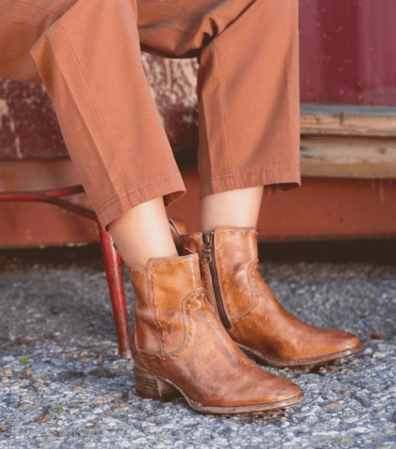 Side zipper Bed Stu Women's Merryli Tan Rustic Leather Square Toe Ankle Boots F328024-TNRSTR