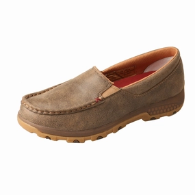 Twisted X Women's Bomber Brown Leather Slip On CellStretch Driving Moc Shoe WXC0004 Hold Step Foot Focus