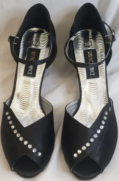 2.38" Anara -- Closed Back/Open Toe Ballroom Shoe -- Black Satin Kids Play Neutral Glow