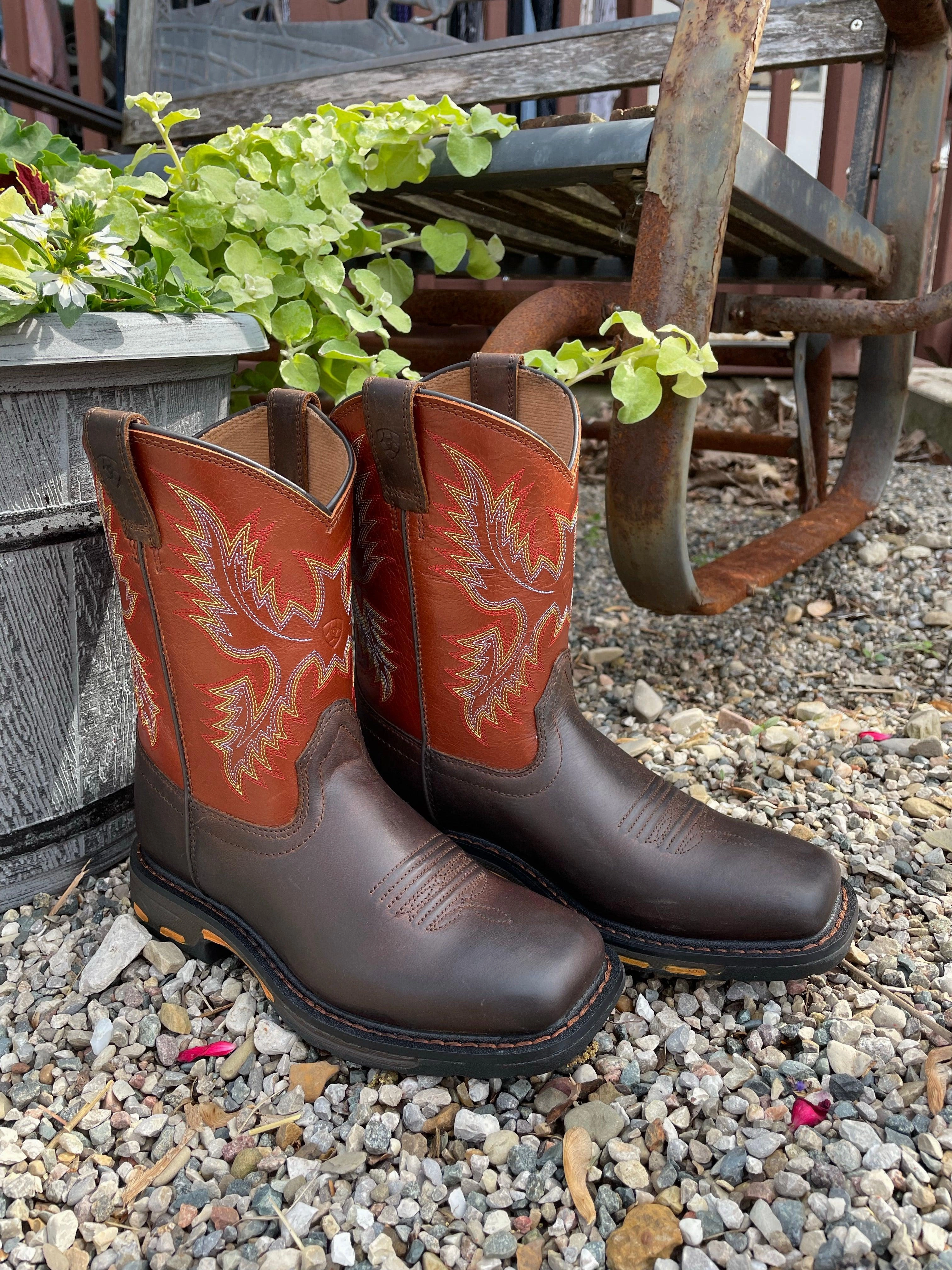 Anti-bacterial Ariat Children's/Youth WorkHog Dark Earth Wide Square Toe Western Cowboy Boot 10007837