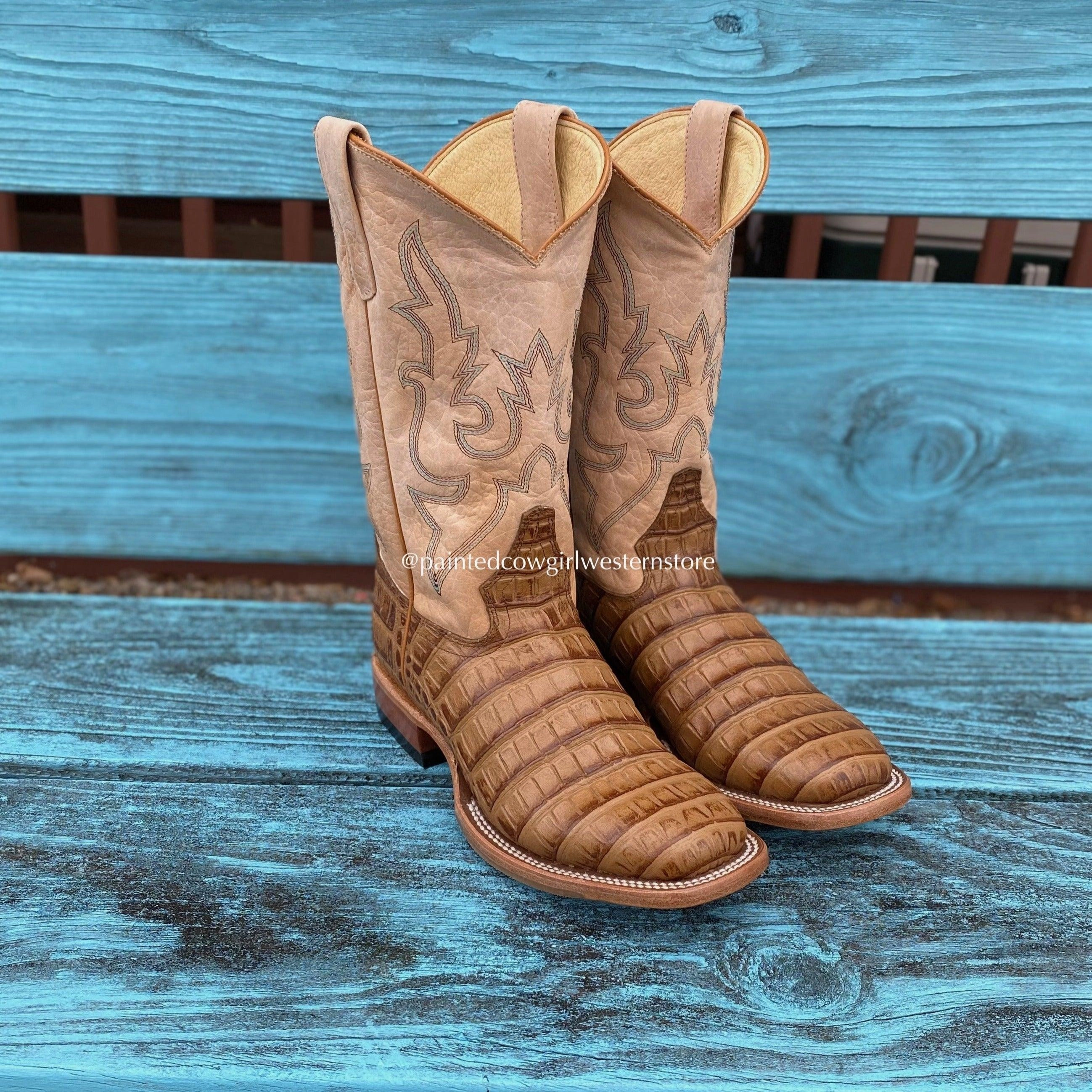 Macie Bean Girls Children's Brown Caiman Print Square Toe Cowboy Boots MK9158 Smooth Design Tactical Gear