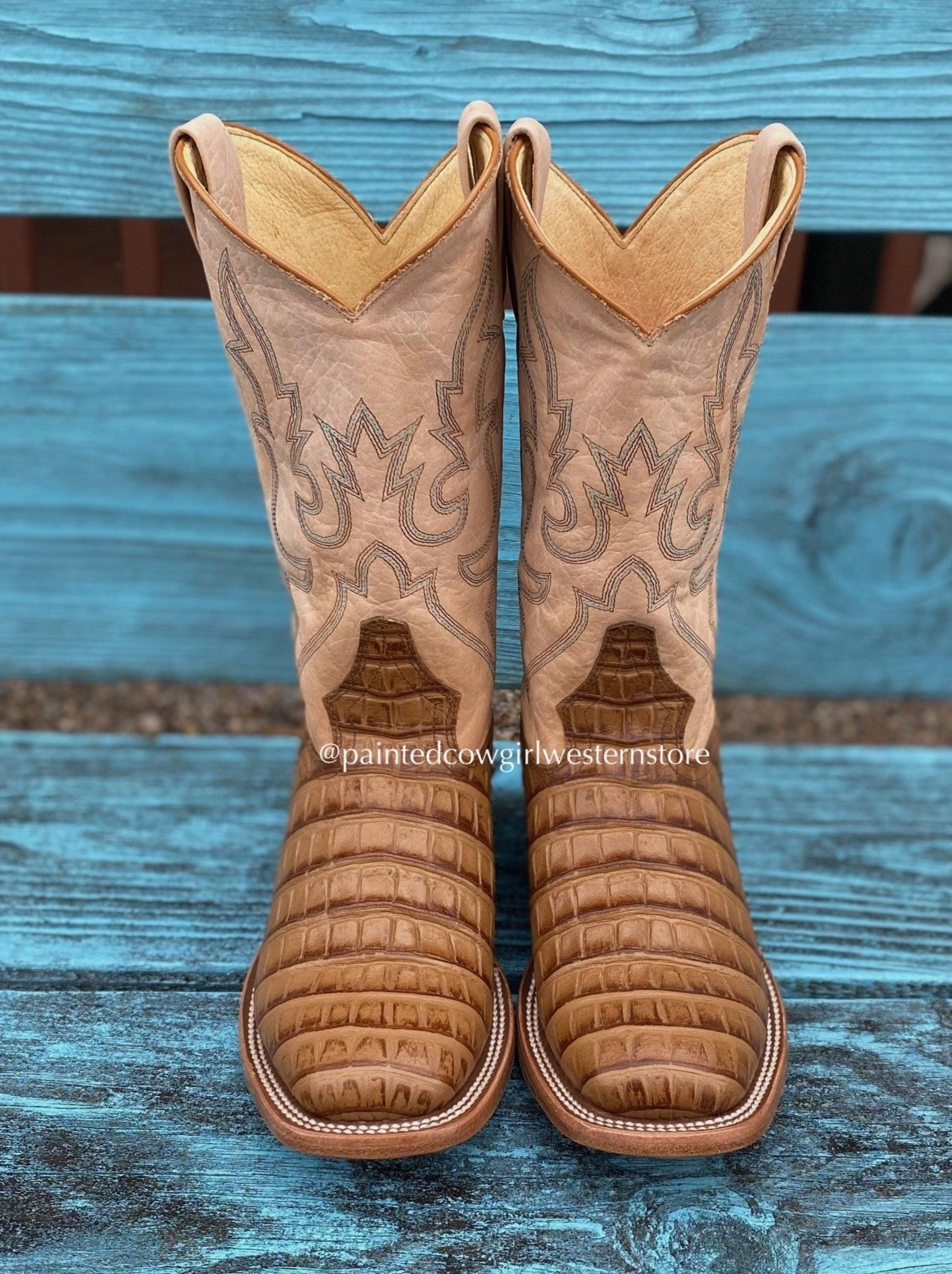 microfiber Macie Bean Girls Children's Brown Caiman Print Square Toe Cowboy Boots MK9158