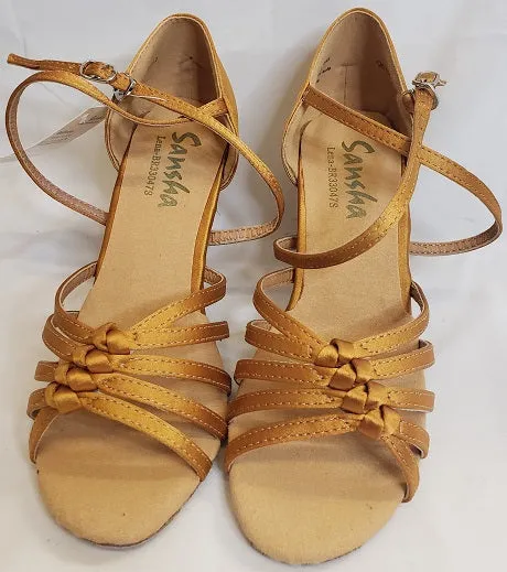 Wide Base Ergonomic Design 3" Lena -- Flare Heel Latin Sandal -- Tan Satin