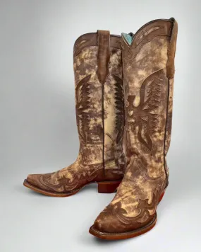 Good Arch Support Premium Material Corral Women's Taupe Brown Eagle Overlay Snip Toe Cowgirl Boots A4303