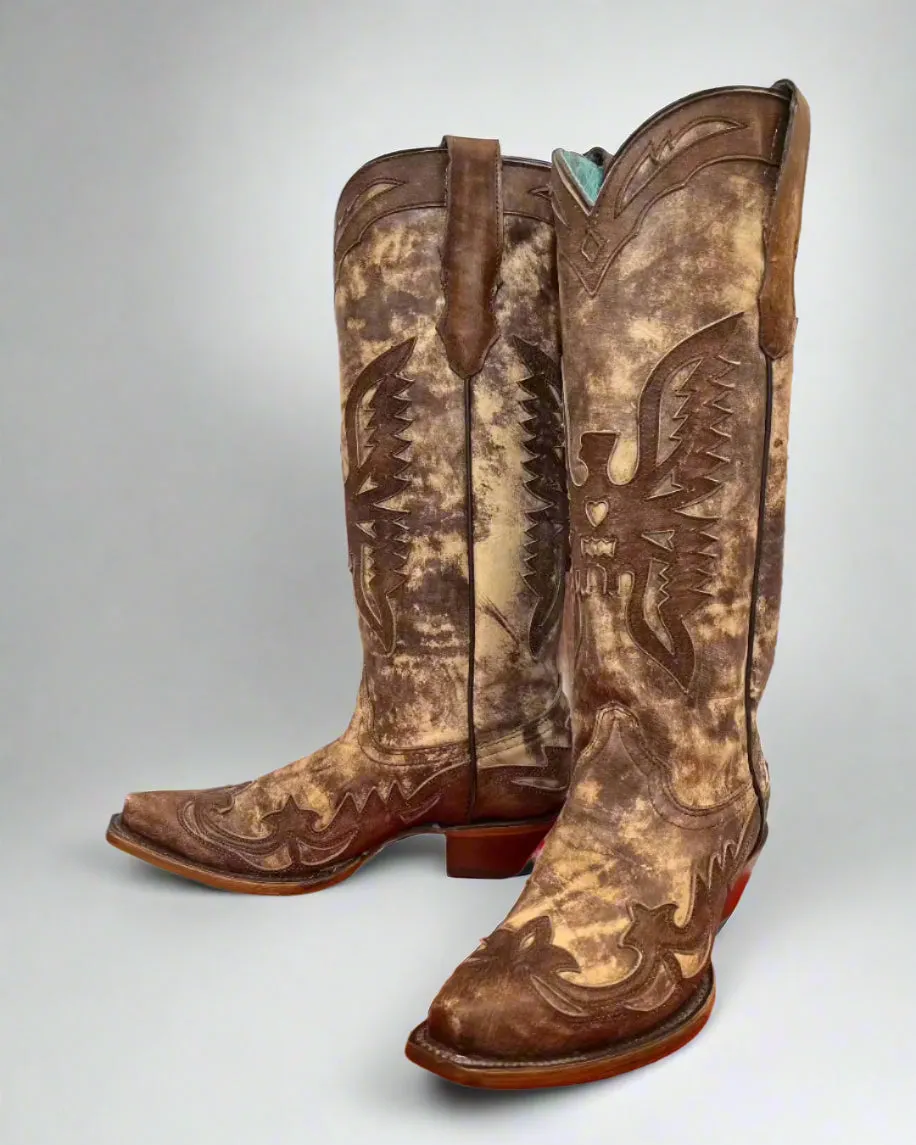 Good Arch Support Premium Material Corral Women's Taupe Brown Eagle Overlay Snip Toe Cowgirl Boots A4303