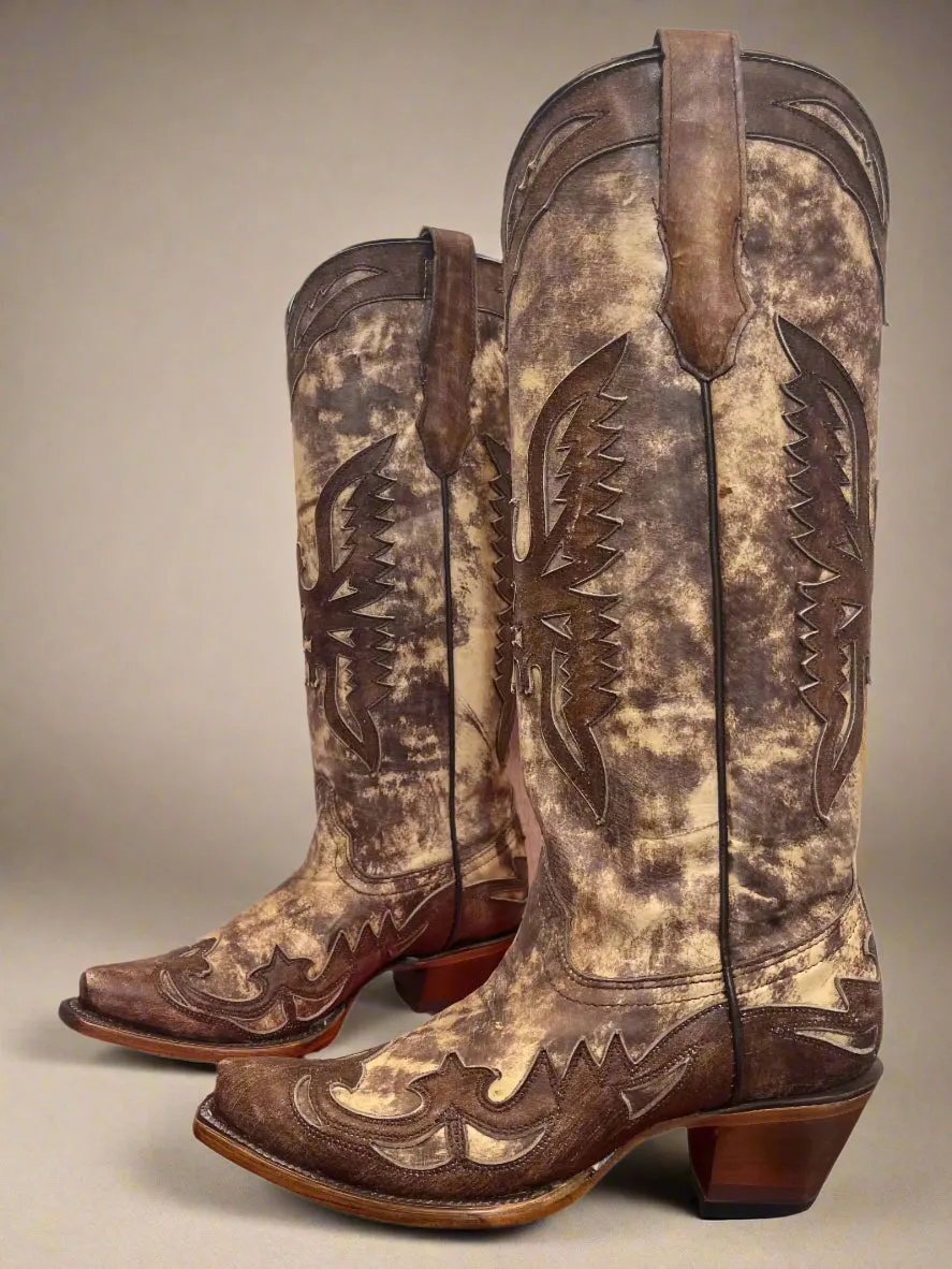 Social Butterfly Classic Fit Corral Women's Taupe Brown Eagle Overlay Snip Toe Cowgirl Boots A4303