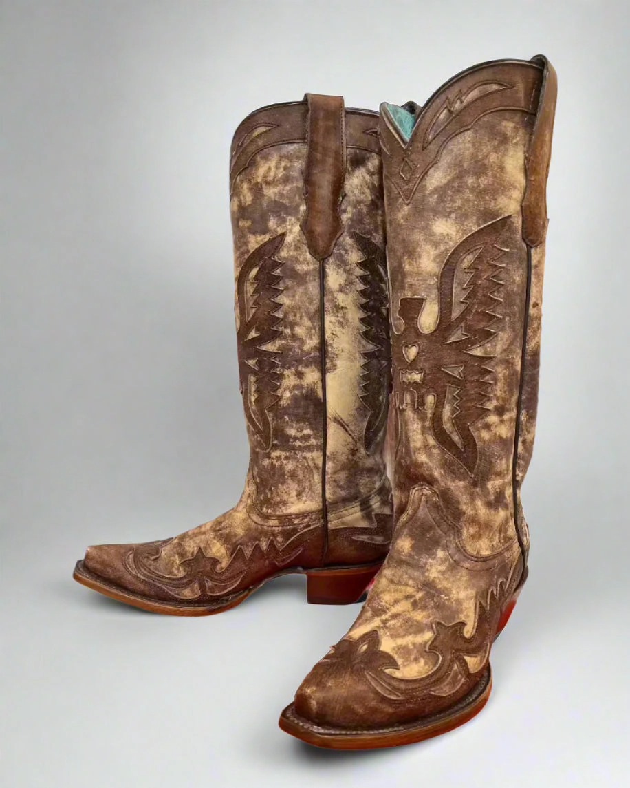 Good Arch Support Premium Material Corral Women's Taupe Brown Eagle Overlay Snip Toe Cowgirl Boots A4303