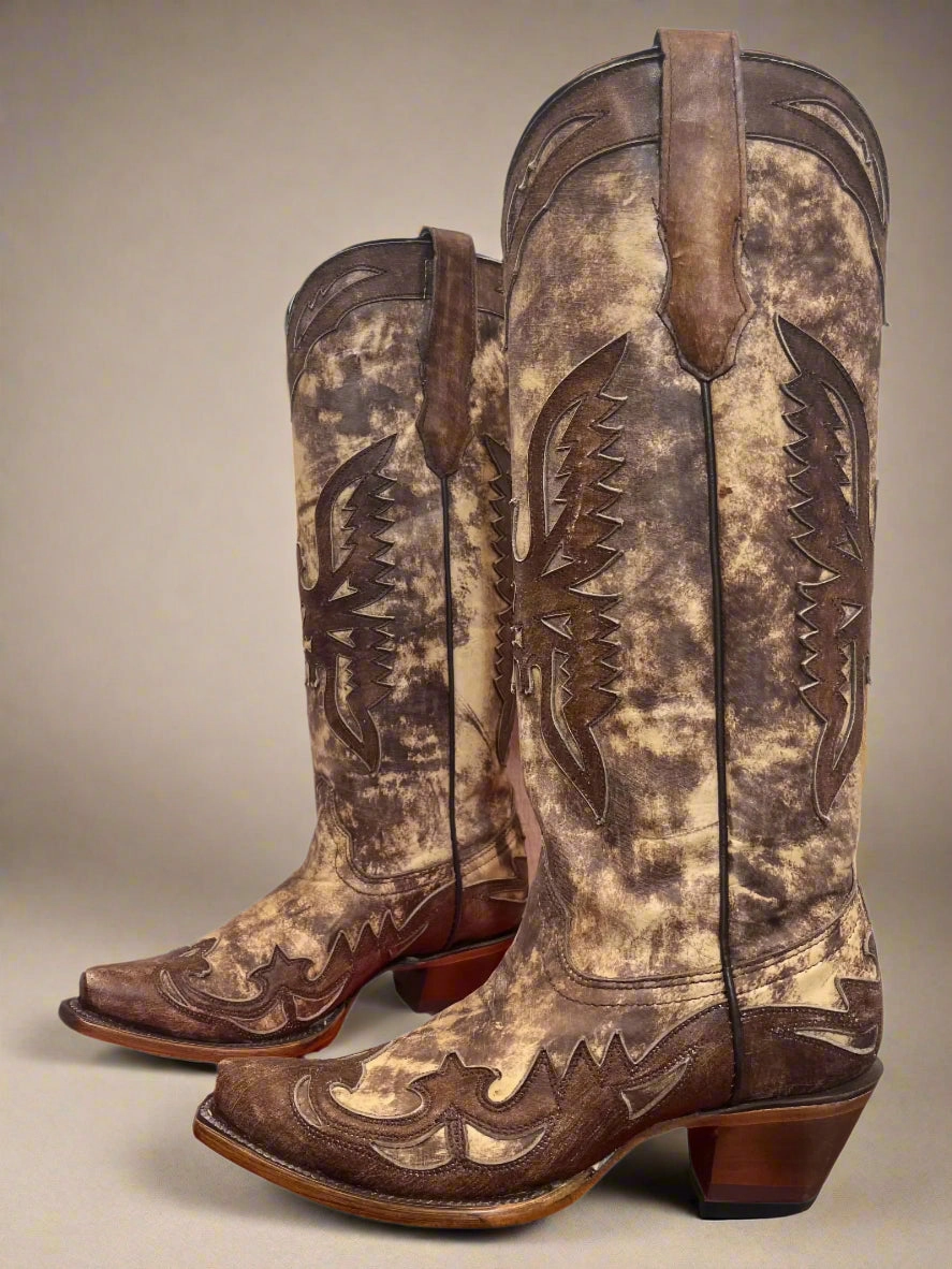 Easy on Corral Women's Taupe Brown Eagle Overlay Snip Toe Cowgirl Boots A4303