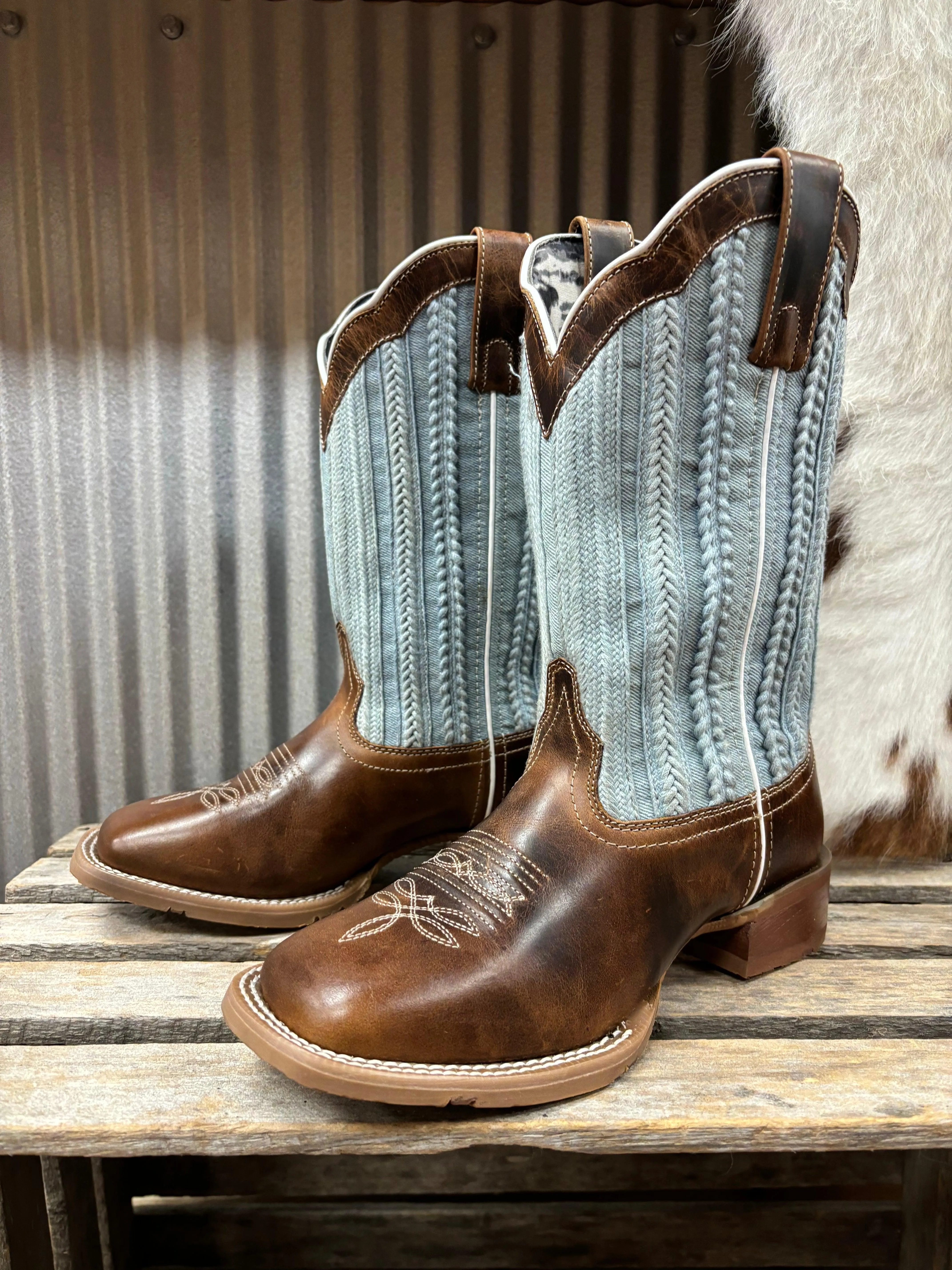 Hope Step Laredo Women's Blue Moon Tan & Blue Denim Top Square Toe Cowgirl Boots 5630