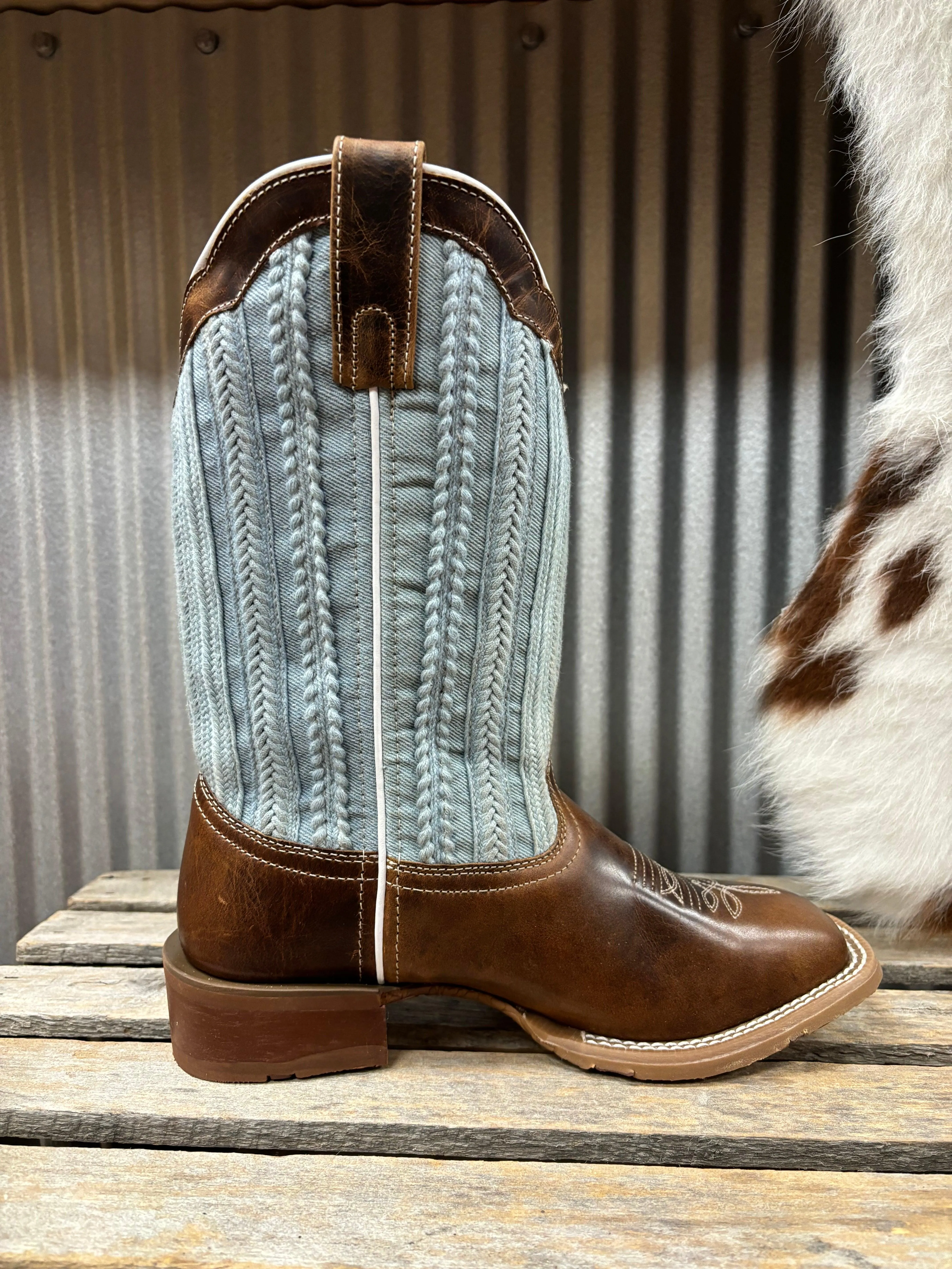 Laredo Women's Blue Moon Tan & Blue Denim Top Square Toe Cowgirl Boots 5630 Off Duty zipper