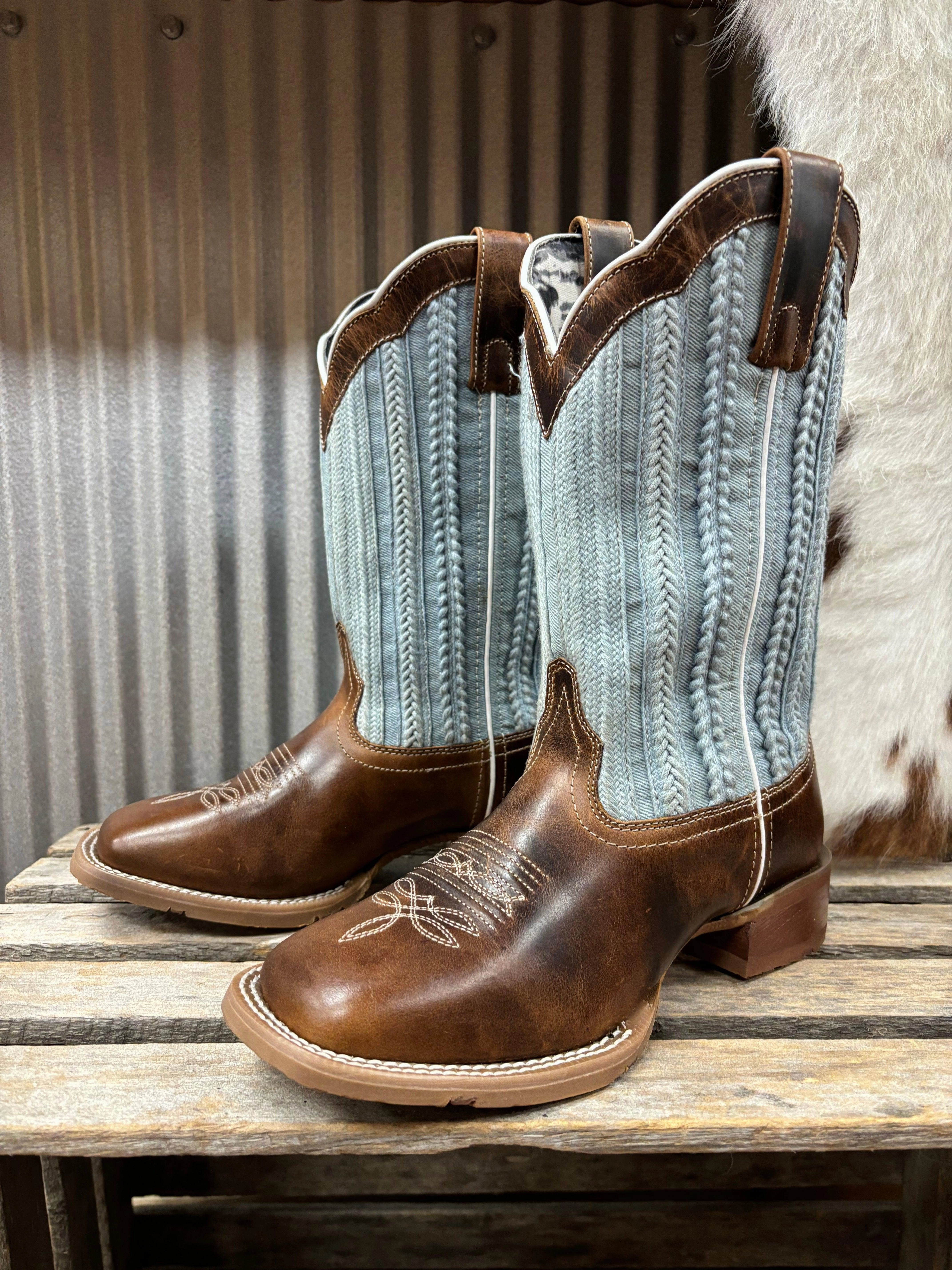 Hope Step Laredo Women's Blue Moon Tan & Blue Denim Top Square Toe Cowgirl Boots 5630