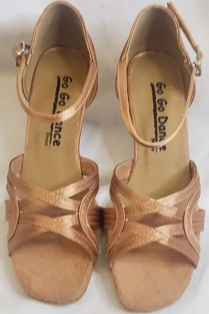 2.5" Cynthia -- Women's Flare Heel Latin Sandal  -- Tan Satin Memory Foam Standing All Pack Safe