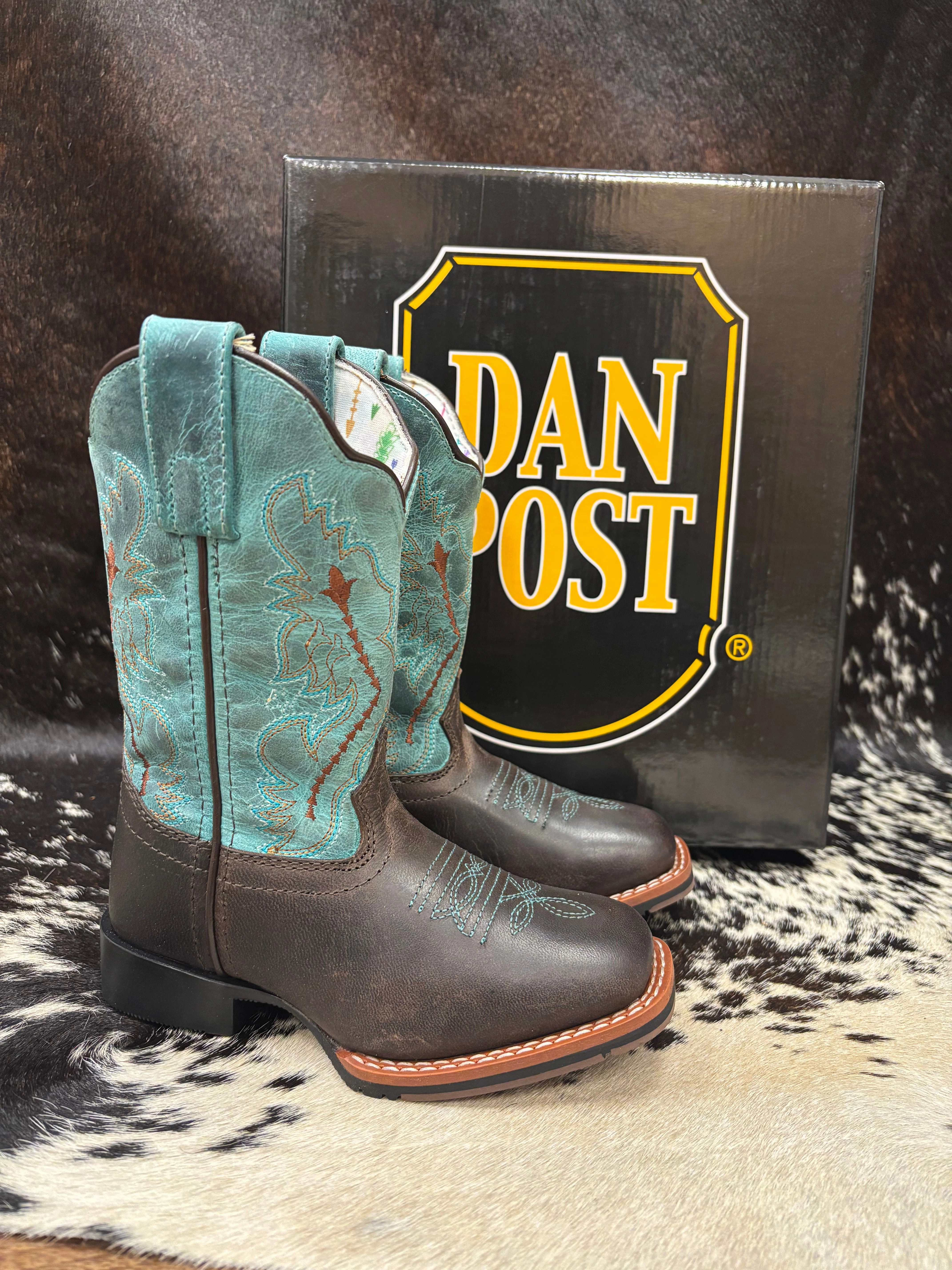 Synthetic Upper Minimalist Dan Post Children/Youth Chocolate Brown & Turquoise Top Salina Western Cowgirl Boots DPC4002 DPC5002