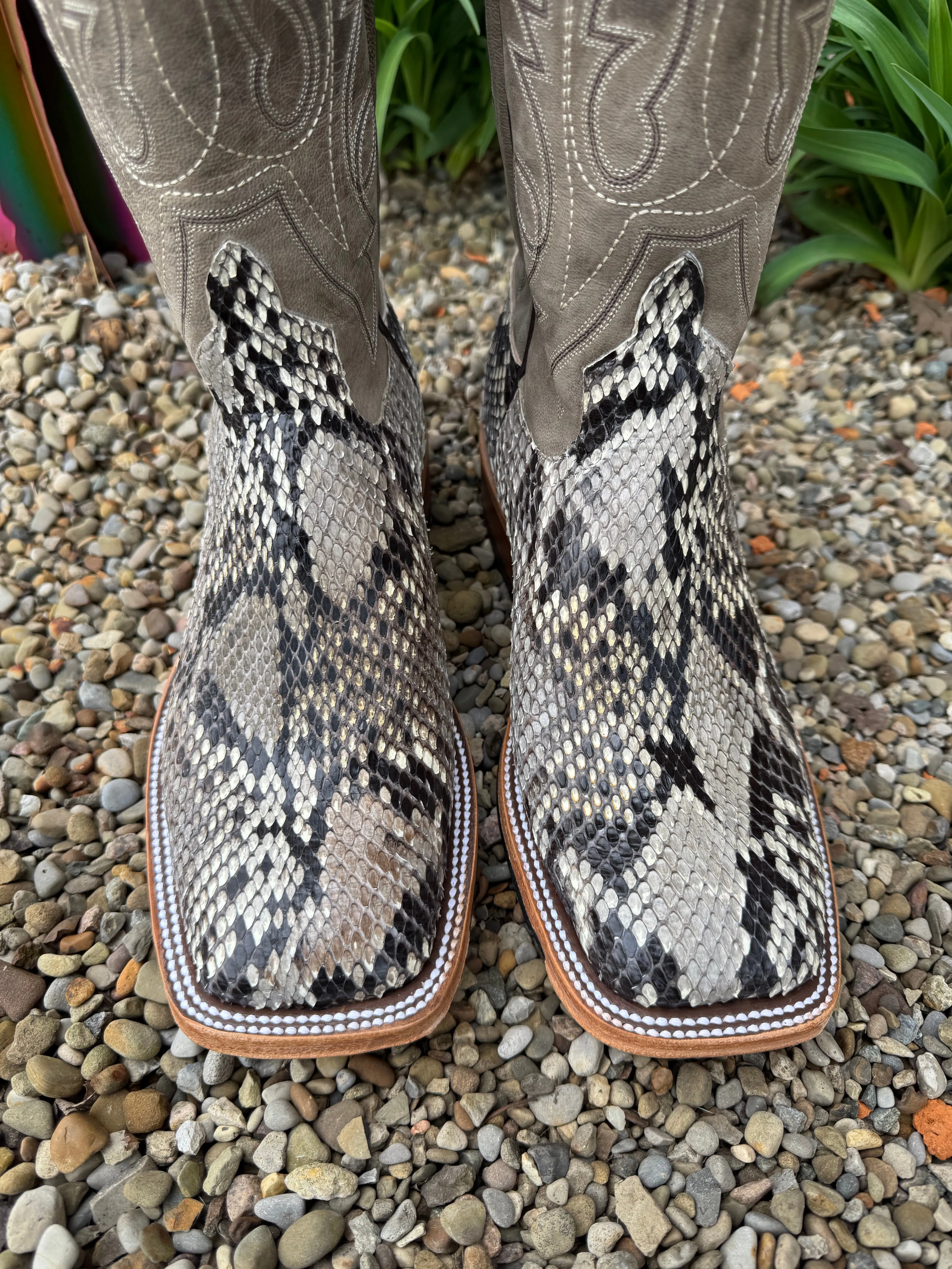 Anderson Bean Men's Natural Glazed Diamond Python/Mad Dog Anthracite Square Toe Cowboy Boots 340711 High Utility Sturdy Build