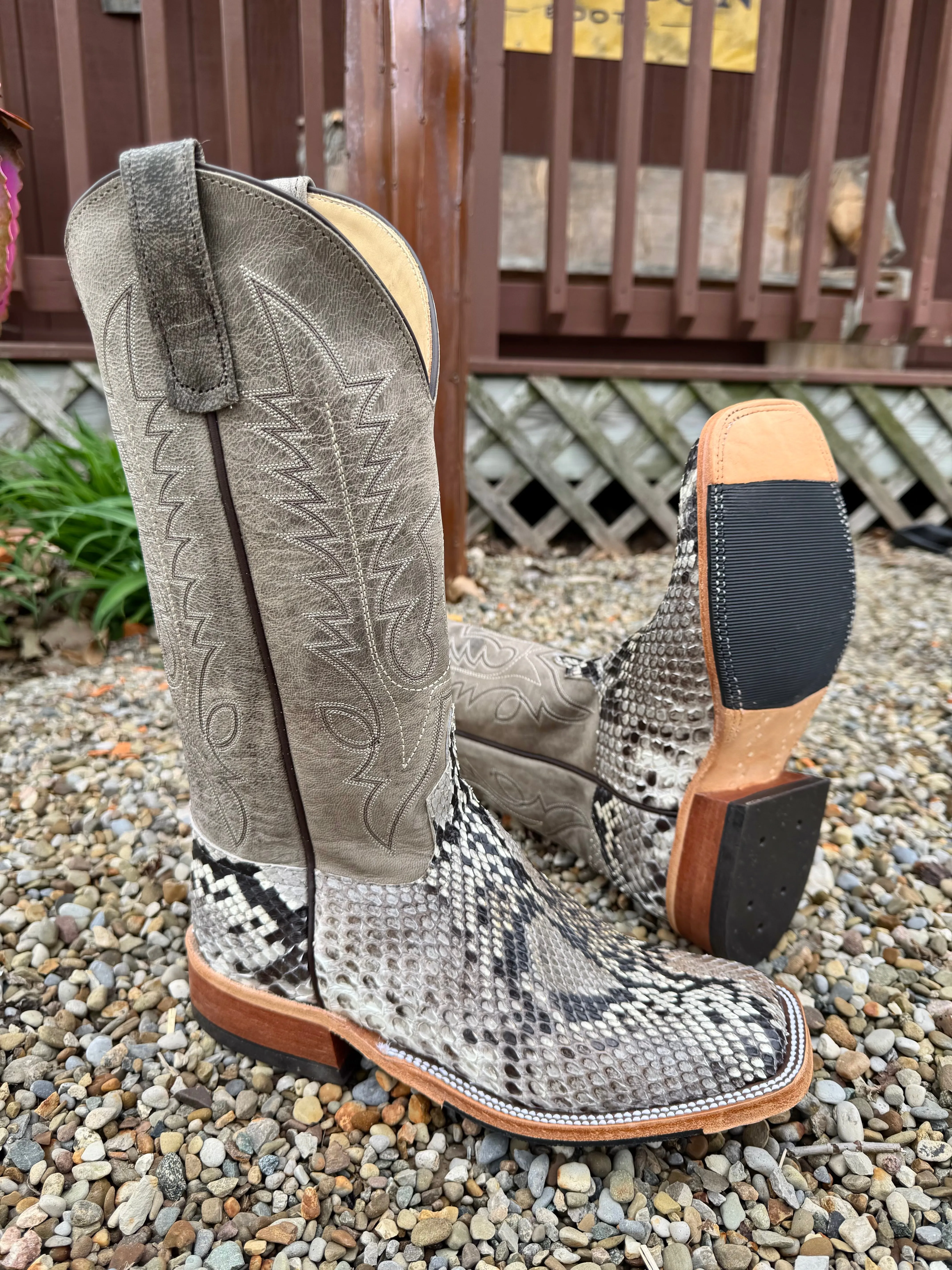 Anderson Bean Men's Natural Glazed Diamond Python/Mad Dog Anthracite Square Toe Cowboy Boots 340711 Bootie Cut