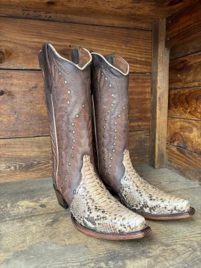 Circle G Women's Brown Chocolate Python & Studs Embroidered Snip Toe Cowgirl Boots L6045 Dry Interior High Performance
