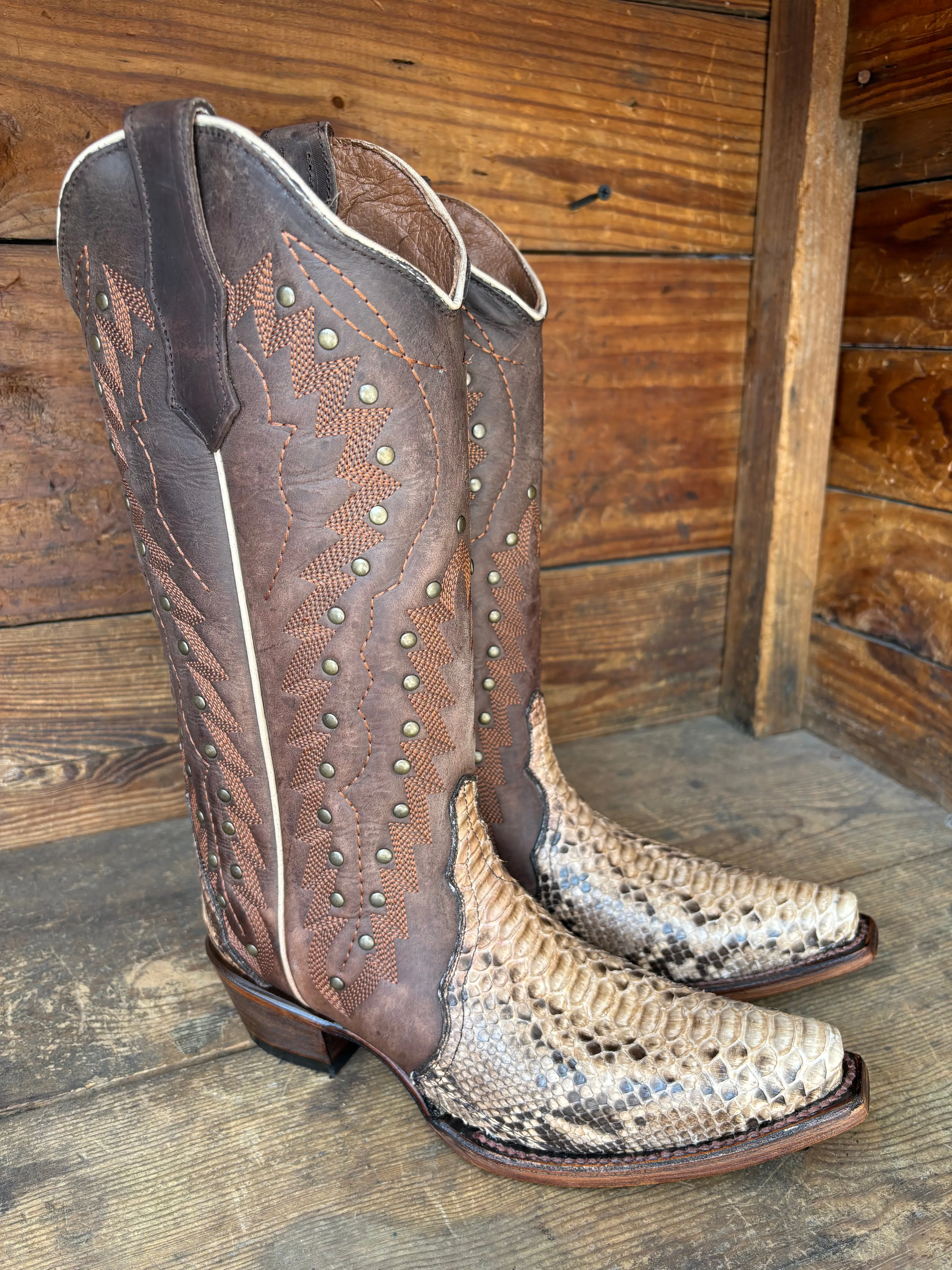 Circle G Women's Brown Chocolate Python & Studs Embroidered Snip Toe Cowgirl Boots L6045 MachineWashable Closed Toe Design