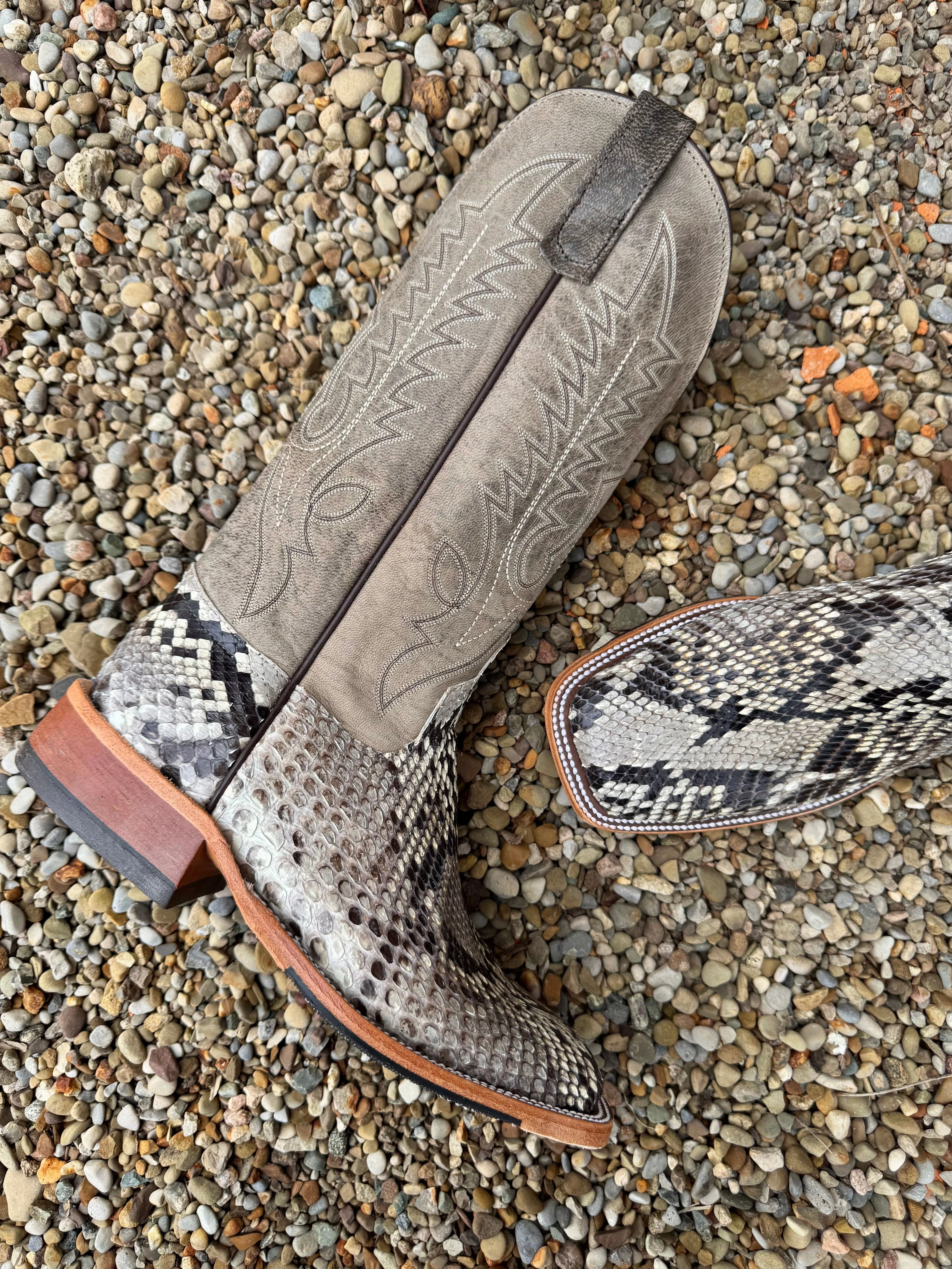 Anti-Friction Anderson Bean Men's Natural Glazed Diamond Python/Mad Dog Anthracite Square Toe Cowboy Boots 340711