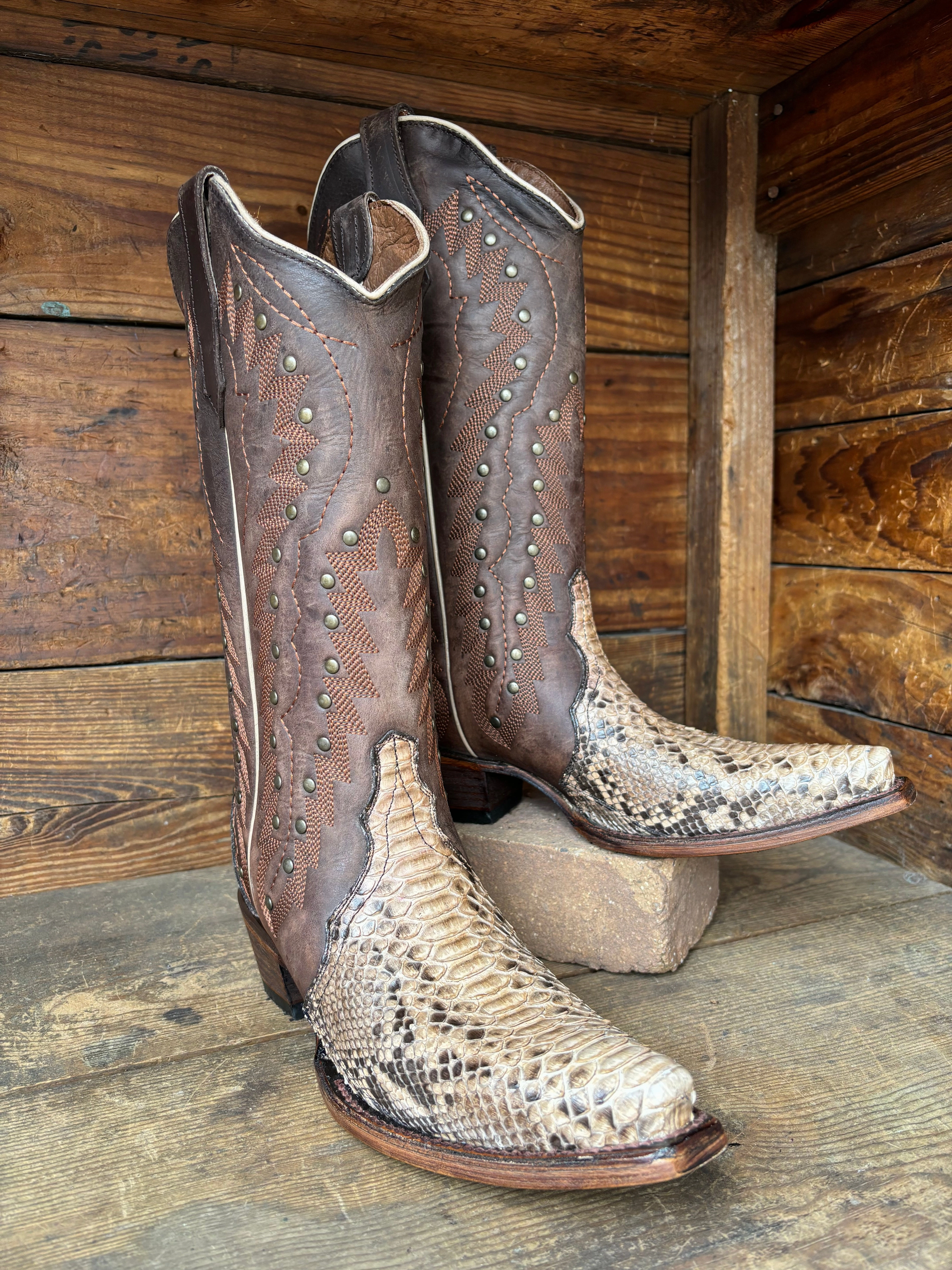 Circle G Women's Brown Chocolate Python & Studs Embroidered Snip Toe Cowgirl Boots L6045 Trail Mode Crisp Lines