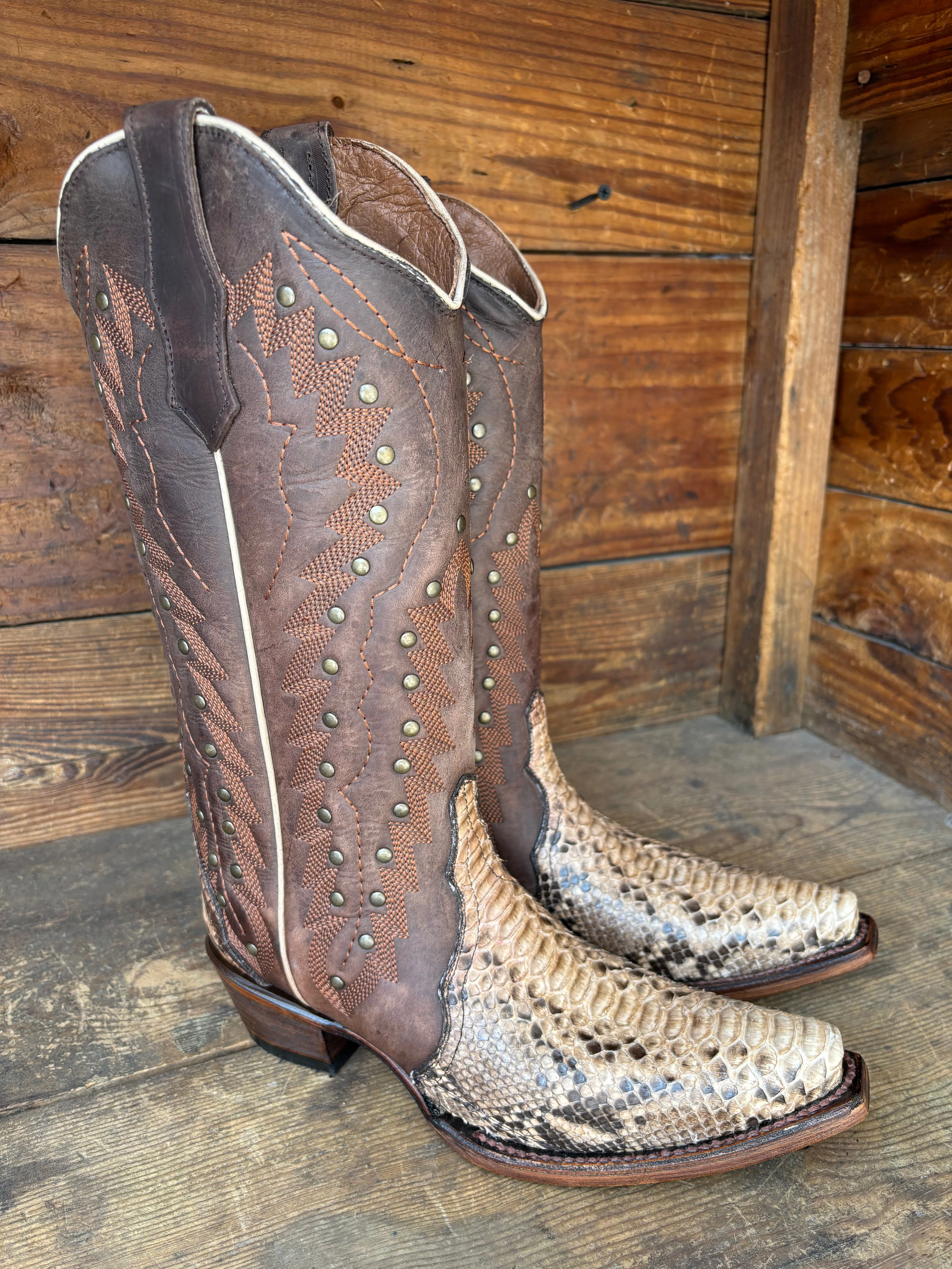 Circle G Women's Brown Chocolate Python & Studs Embroidered Snip Toe Cowgirl Boots L6045 MachineWashable Closed Toe Design