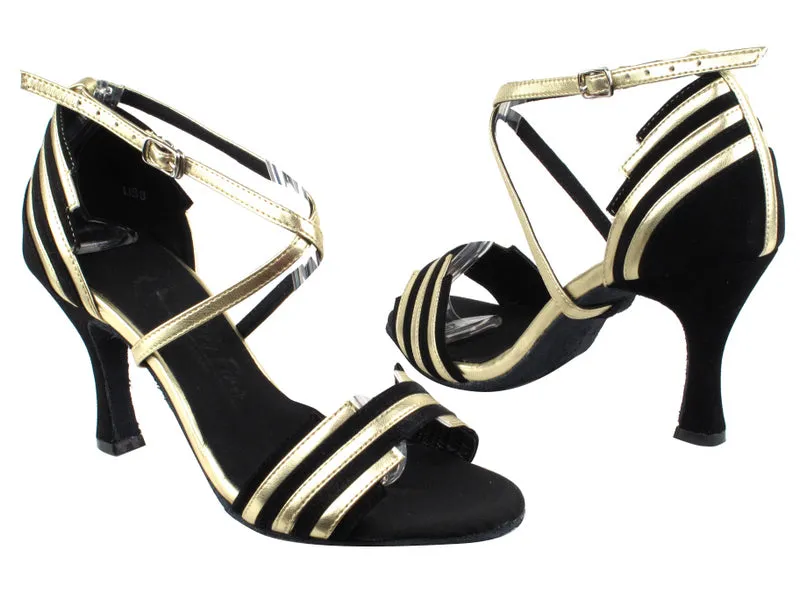 3" Brianna -- Women's Flare Heel Latin Sandal -- Black Suede/Gold Bounce Edge spring fresh
