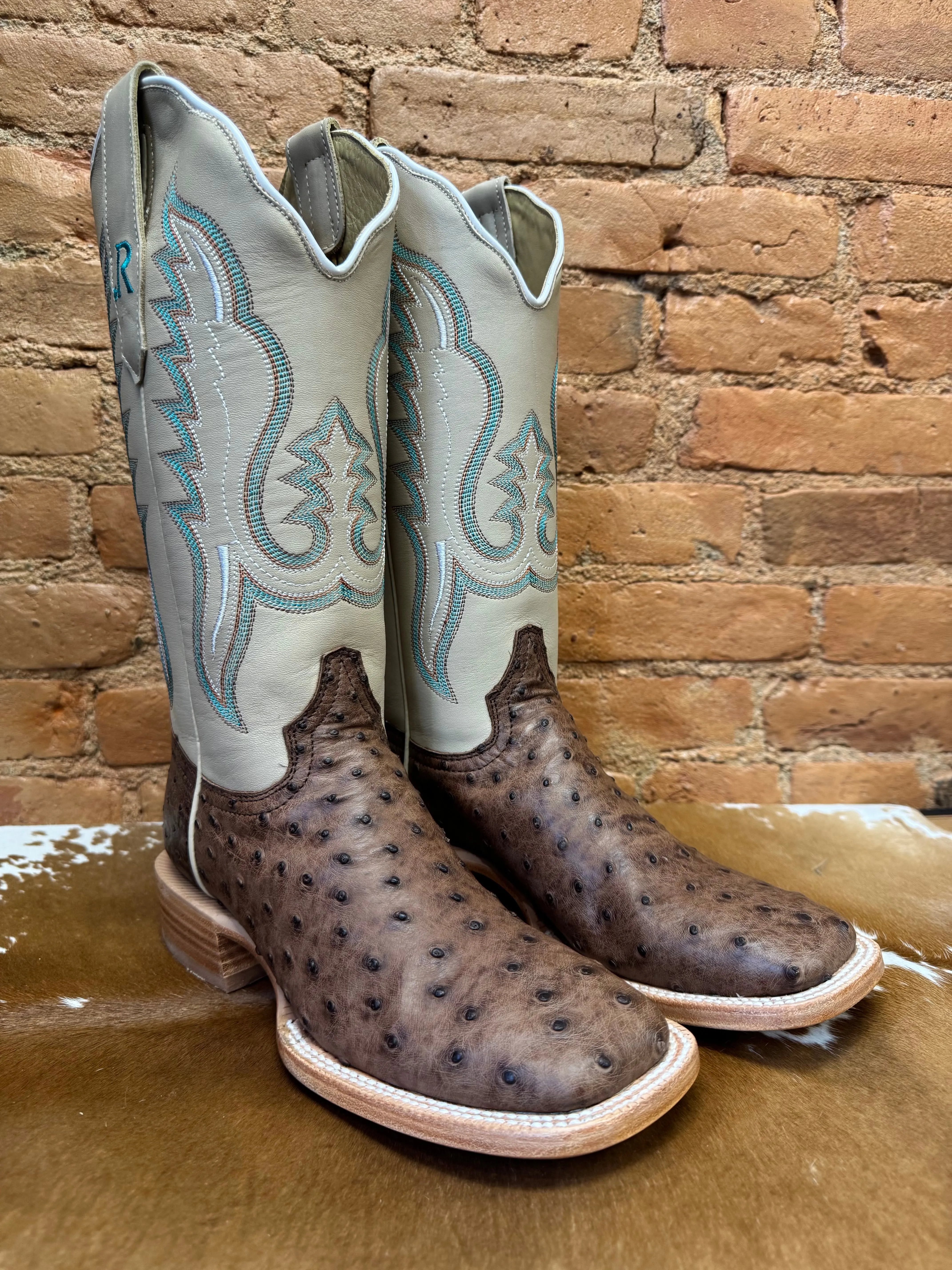 Adjustable buckle R. Watson Women's Kango Tobacco Bruciato Full Quill Ostrich Square Toe Western Cowgirl Boots RWL4301-2