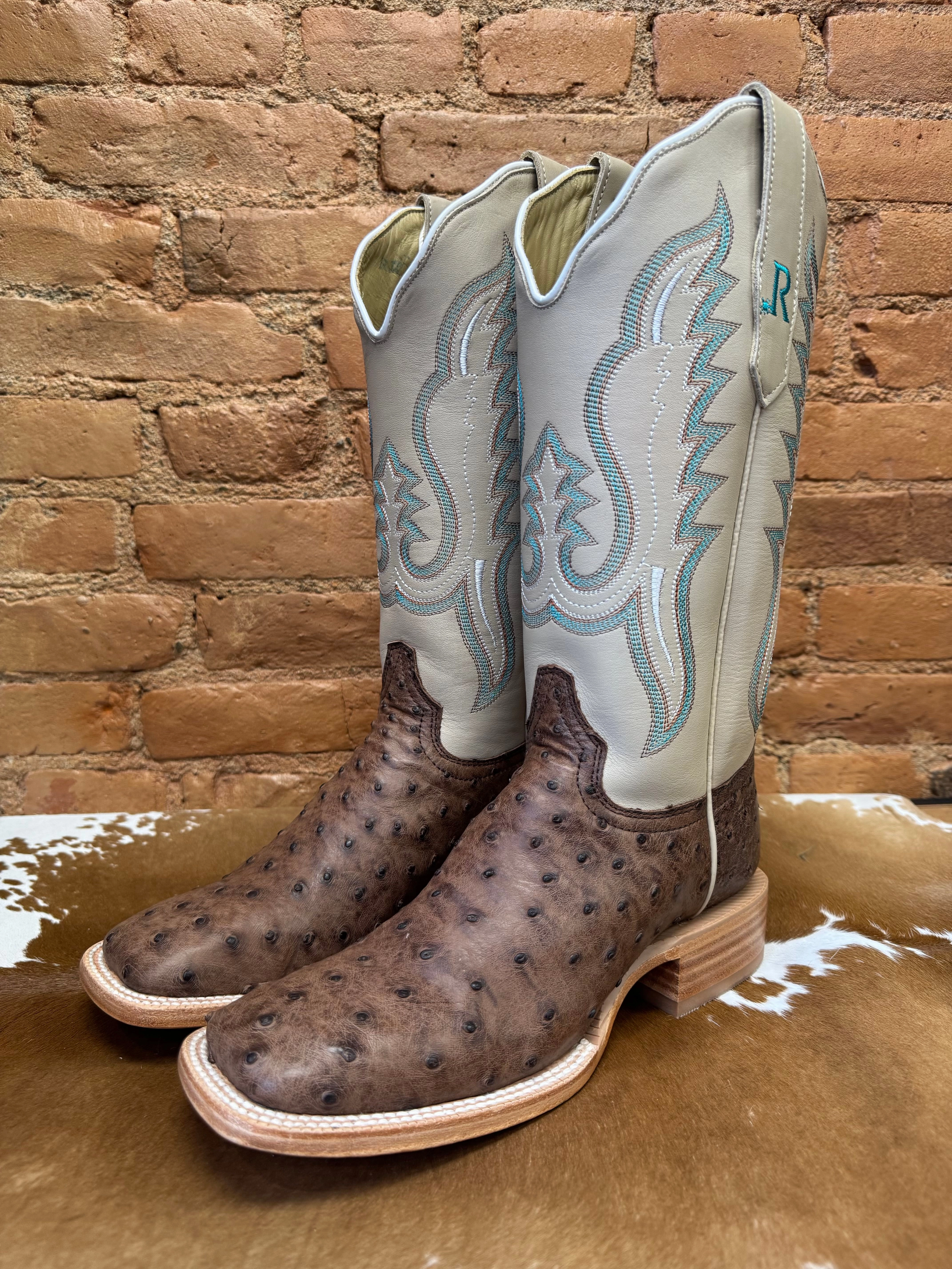 R. Watson Women's Kango Tobacco Bruciato Full Quill Ostrich Square Toe Western Cowgirl Boots RWL4301-2 comfortable socks Slip Resistant Sole