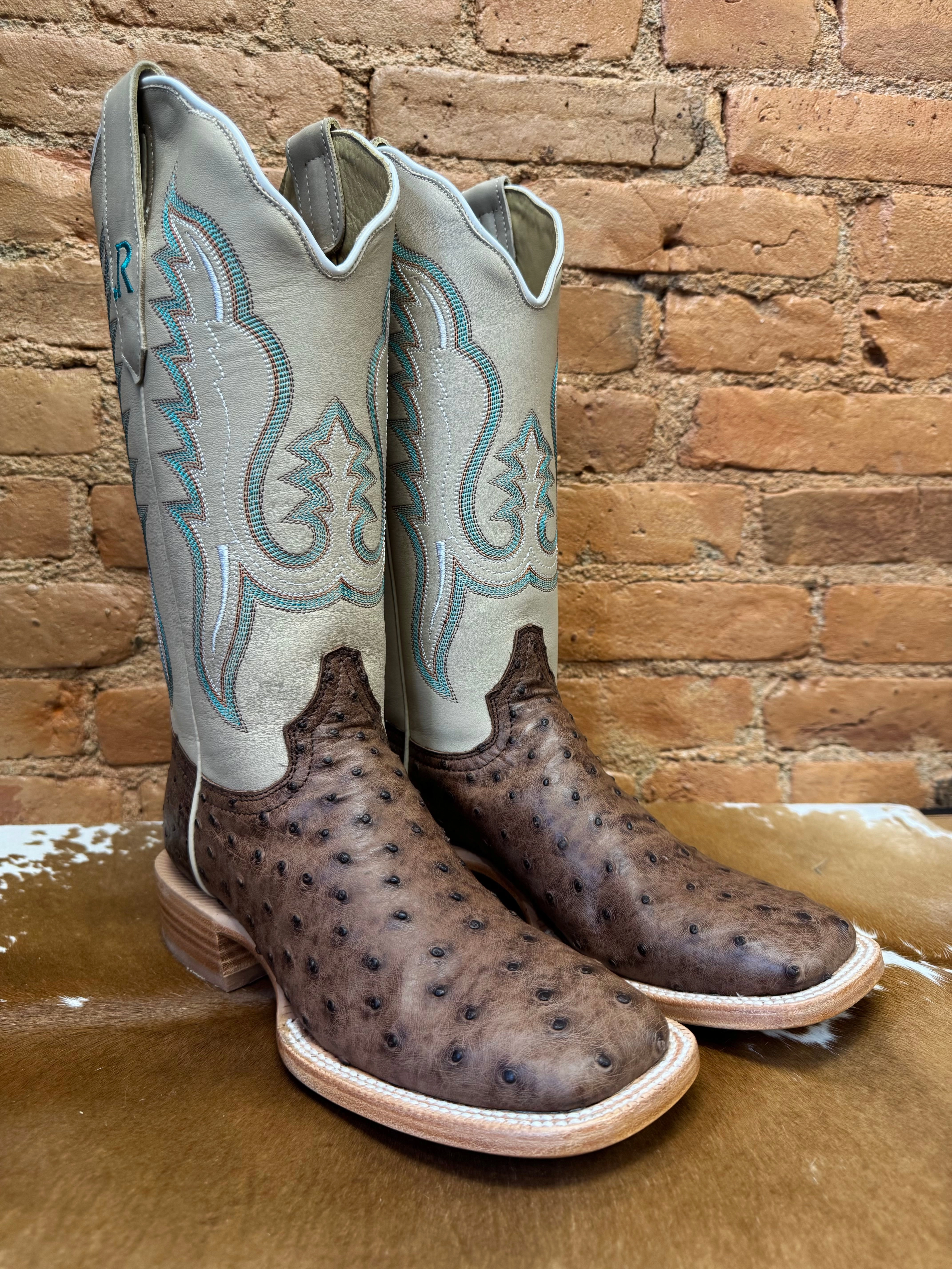 Fashion Forward Flat Form R. Watson Women's Kango Tobacco Bruciato Full Quill Ostrich Square Toe Western Cowgirl Boots RWL4301-2