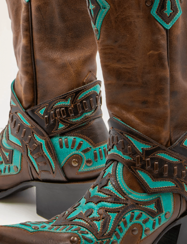 Black Star Women's Chocolate Brown & Teal San Angelo Snip Toe Cowgirl Boots WBSN003 High Top Comfortable Tongue