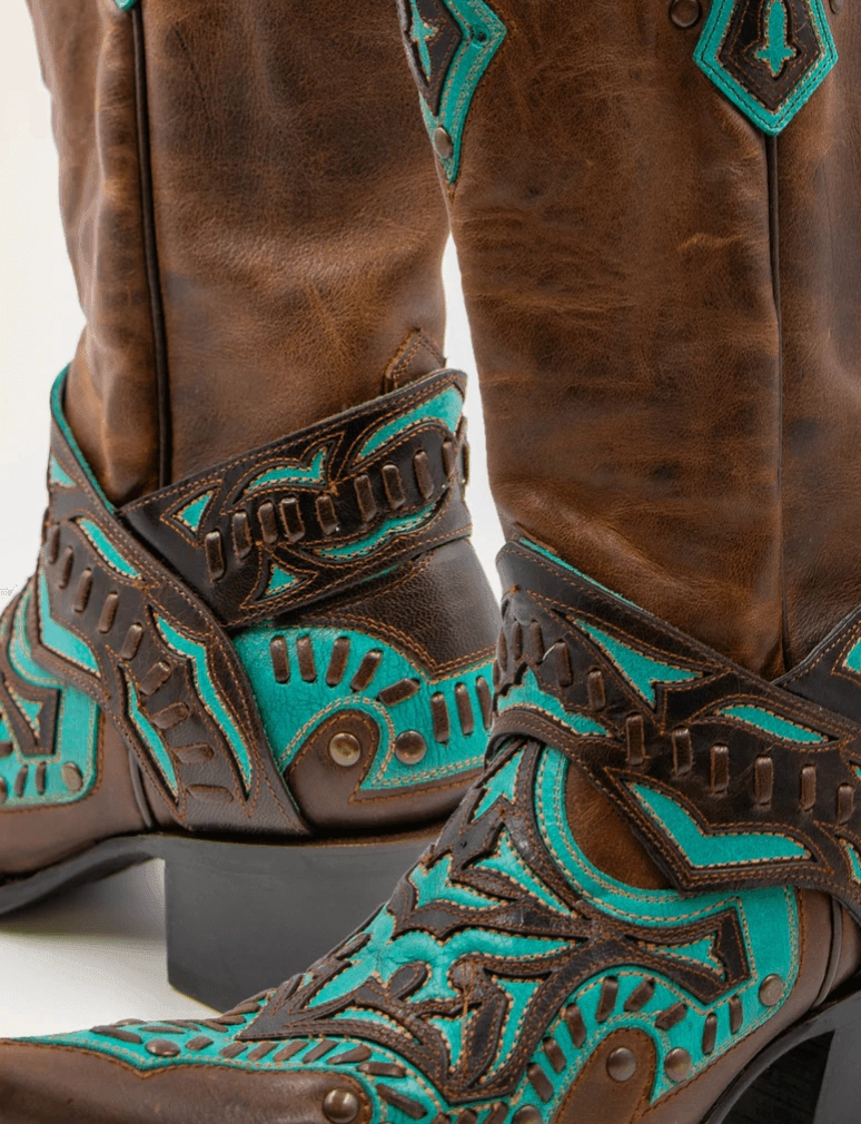 Black Star Women's Chocolate Brown & Teal San Angelo Snip Toe Cowgirl Boots WBSN003 High Top Comfortable Tongue