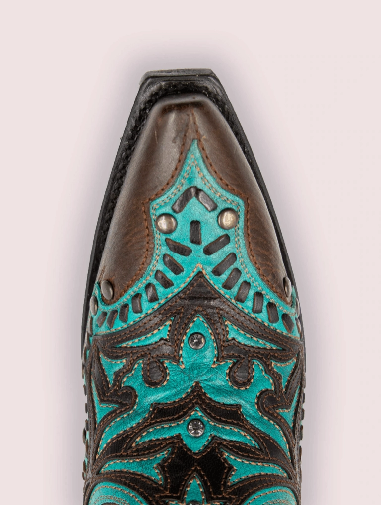 Black Star Women's Chocolate Brown & Teal San Angelo Snip Toe Cowgirl Boots WBSN003 Outdoor Mission Retro feel