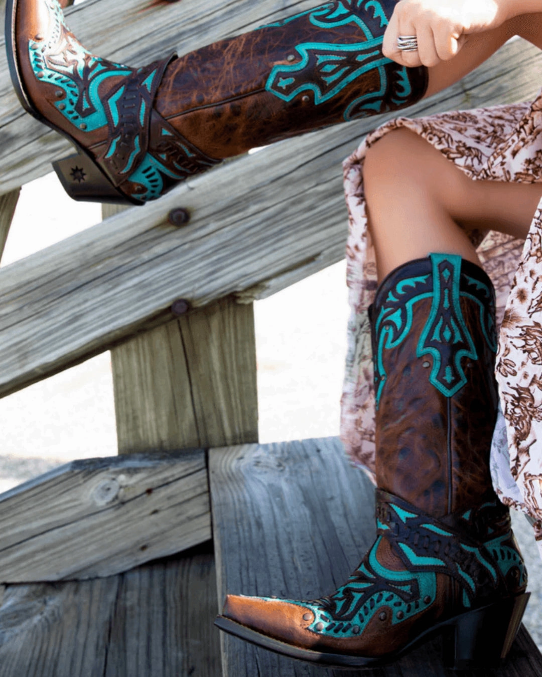 Black Star Women's Chocolate Brown & Teal San Angelo Snip Toe Cowgirl Boots WBSN003 Buckle Closure Weatherproof