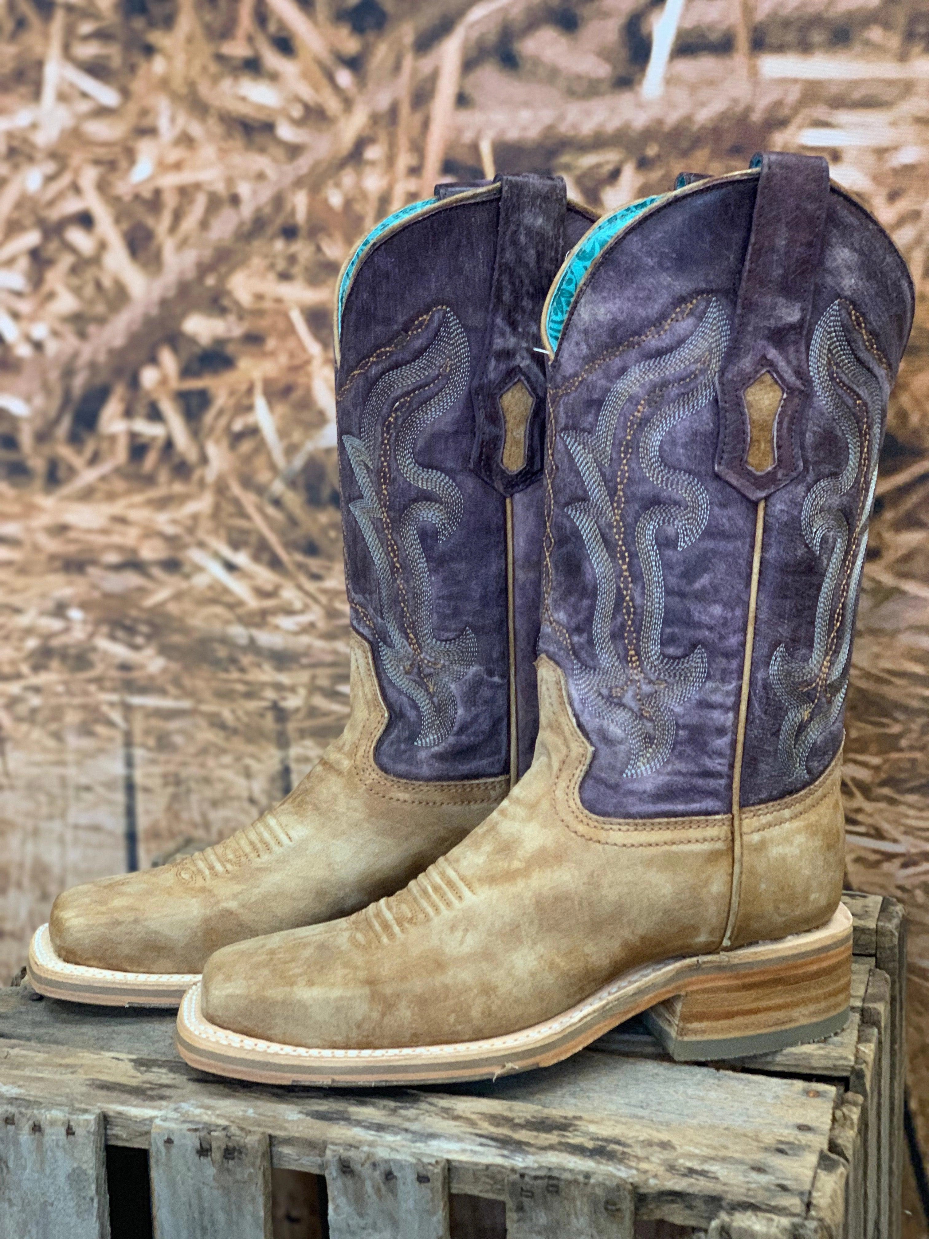 Corral Women's Distressed Tan Brown & Purple Top Square Toe Cowgirl Boots A4252 Snow protection