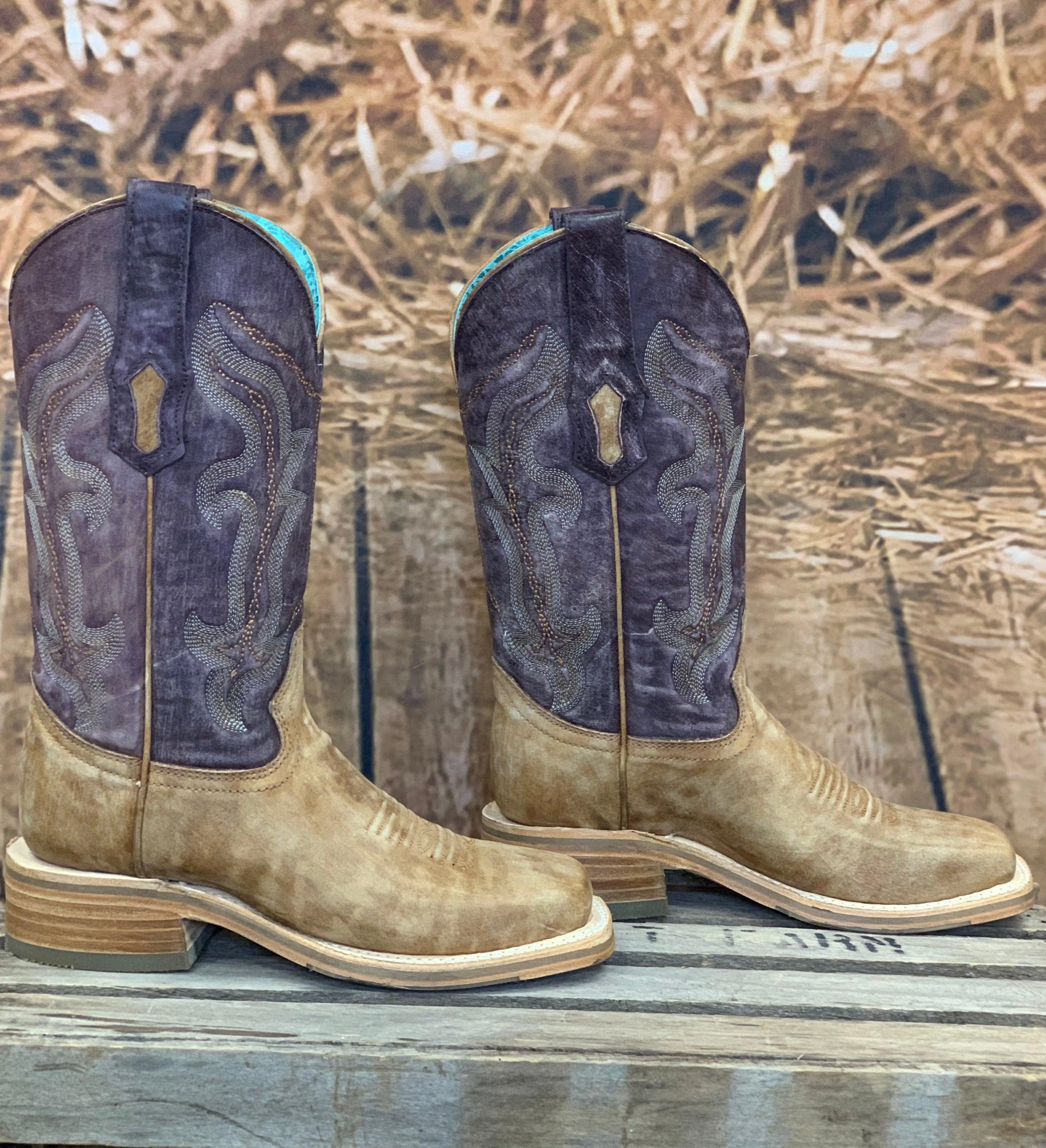 Durable Leather High Quality Leather Corral Women's Distressed Tan Brown & Purple Top Square Toe Cowgirl Boots A4252