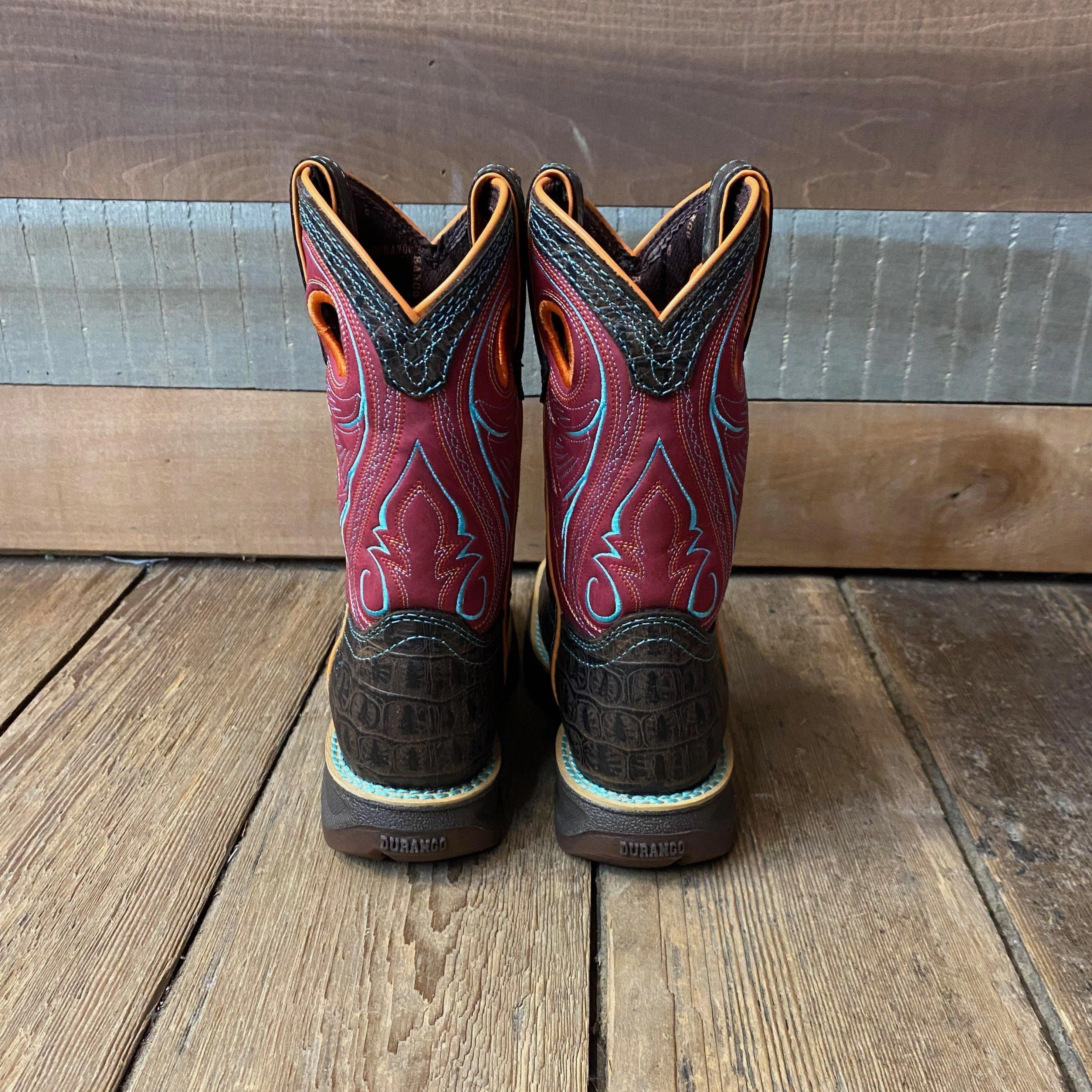 Durango Childrens & Youth Brown & Pink Gator Embossed Square Toe Western Boot DBT0233C DBT0233Y Everyday Comfort Model