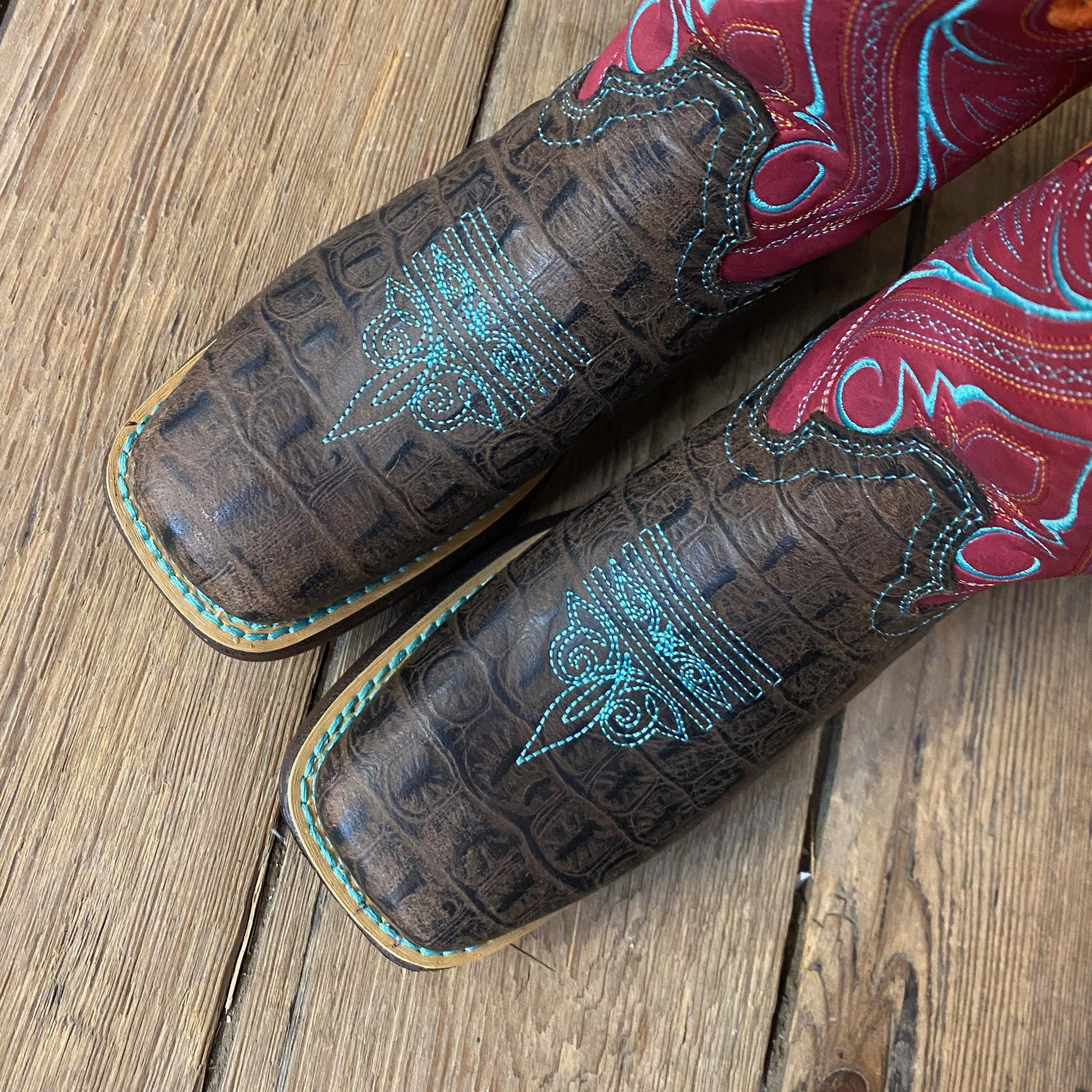 Durango Childrens & Youth Brown & Pink Gator Embossed Square Toe Western Boot DBT0233C DBT0233Y Breathable Design Side zipper