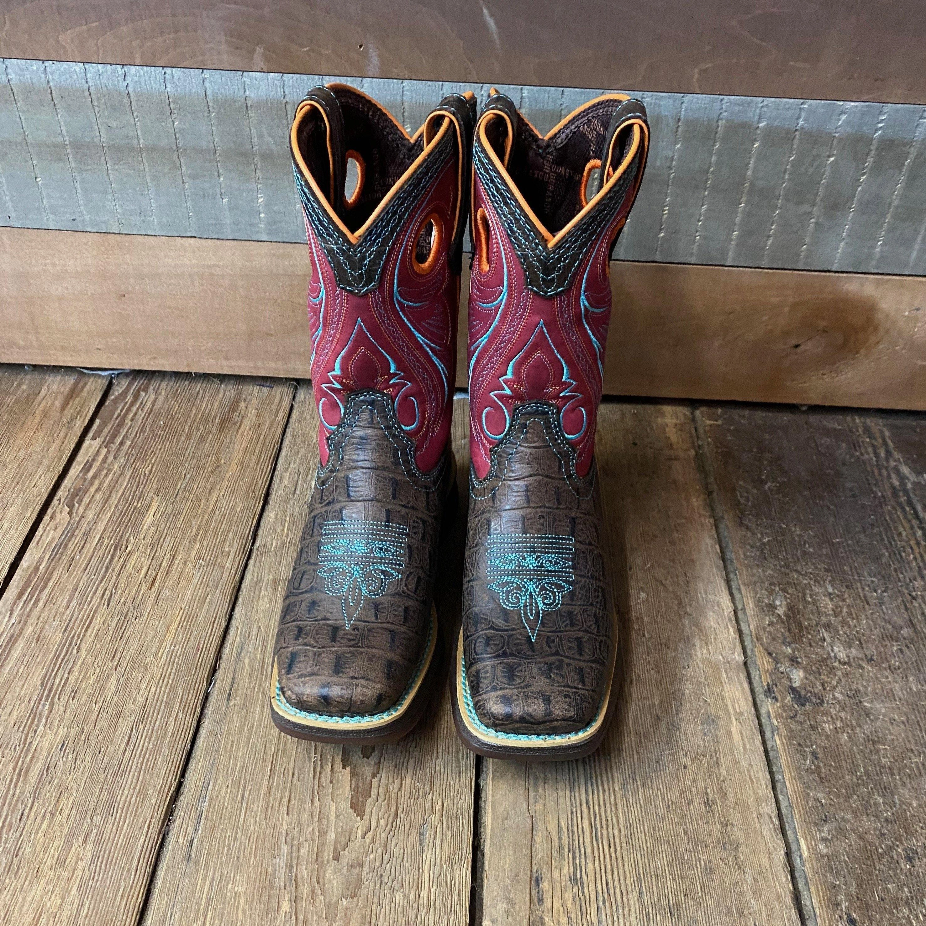 Trendy Vibe Lightweight Build Durango Childrens & Youth Brown & Pink Gator Embossed Square Toe Western Boot DBT0233C DBT0233Y