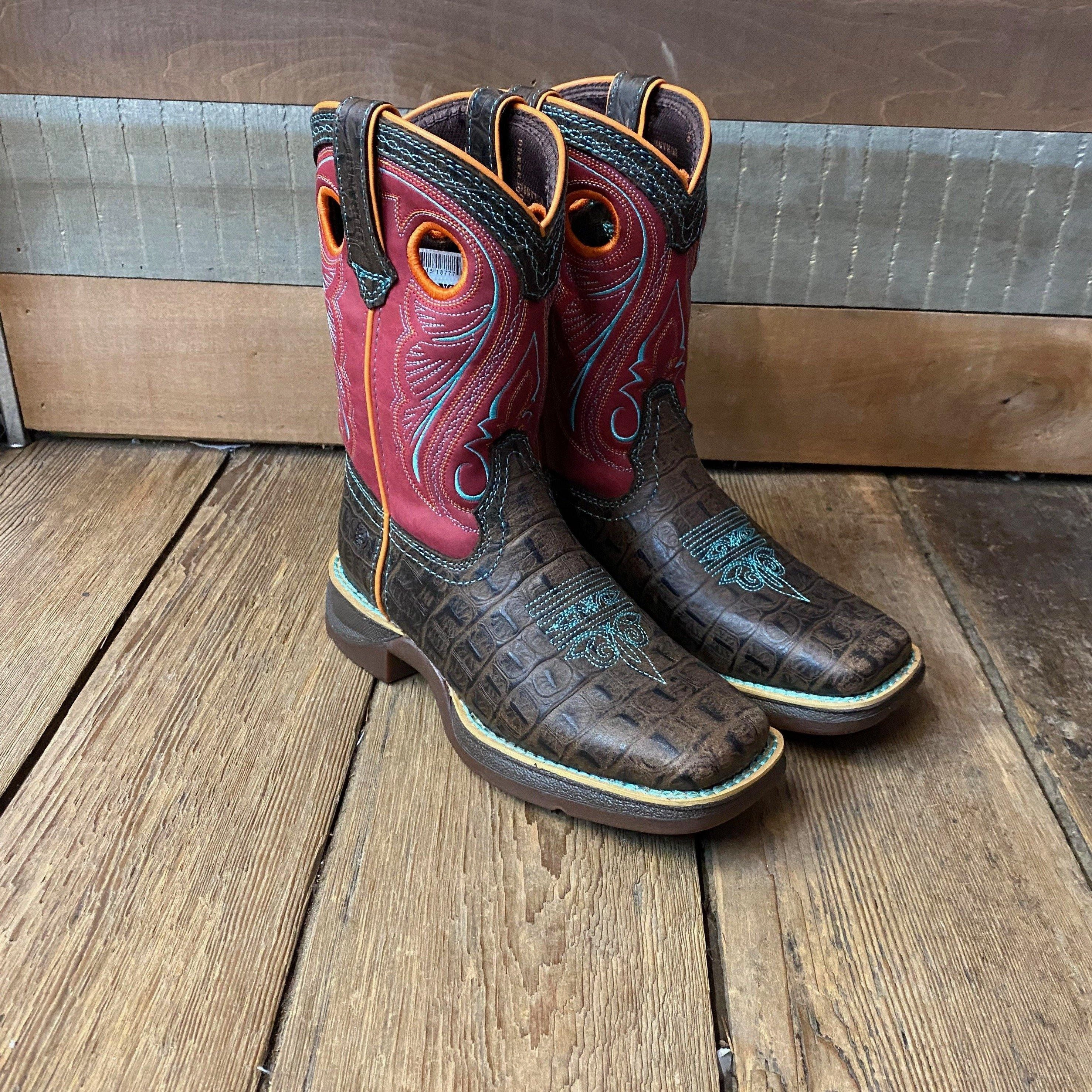 Outdoor Performance Durango Childrens & Youth Brown & Pink Gator Embossed Square Toe Western Boot DBT0233C DBT0233Y