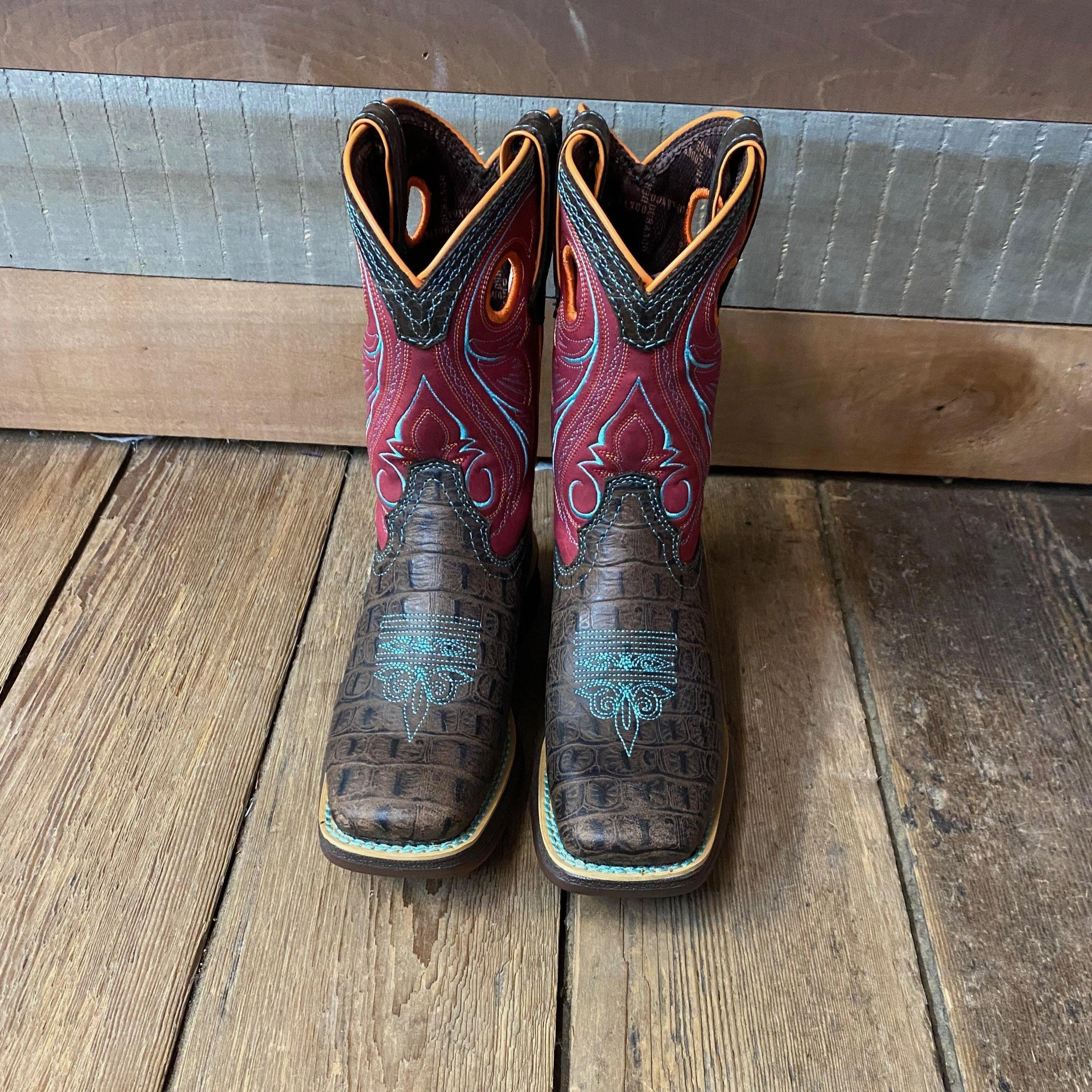 Trendy Vibe Lightweight Build Durango Childrens & Youth Brown & Pink Gator Embossed Square Toe Western Boot DBT0233C DBT0233Y