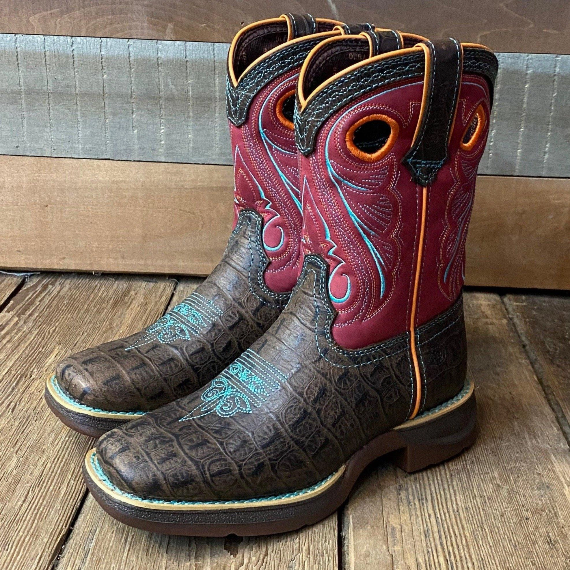 Tough Weather Casual Walk Durango Childrens & Youth Brown & Pink Gator Embossed Square Toe Western Boot DBT0233C DBT0233Y