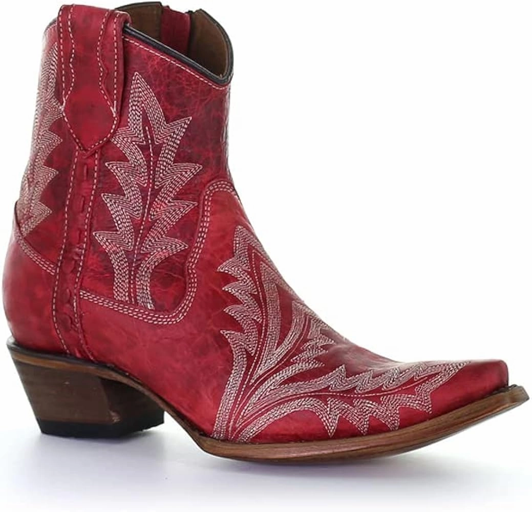 Smooth Form Water Guard Circle G Women's Red w/White Embroidery Cowgirl Ankle Boots L5704