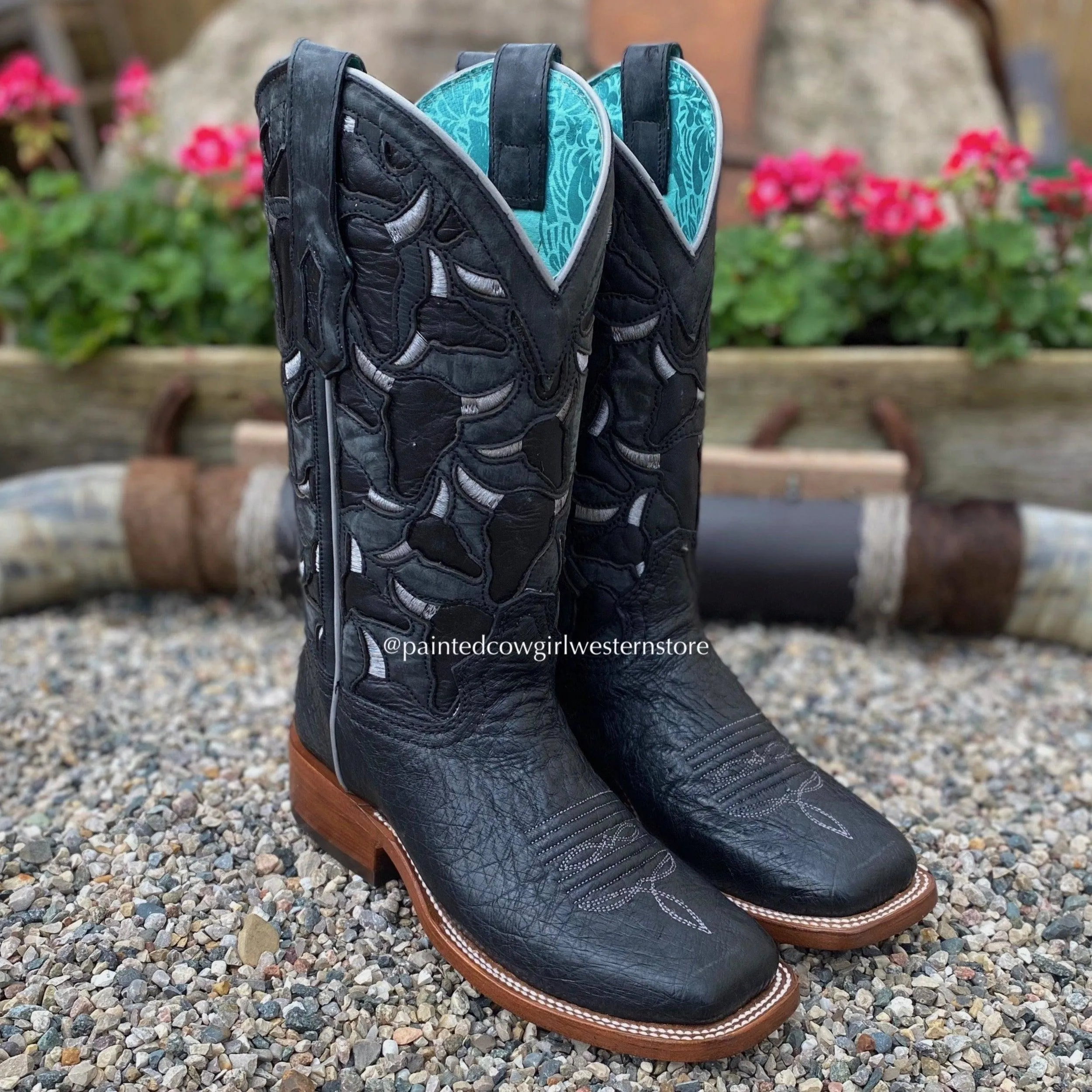 Flexible Construction Corral Women's Black Smooth Quill Ostrich Steer Head Embroidered Square Toe Cowgirl Boots A4058