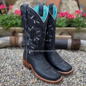 Corral Women's Black Smooth Quill Ostrich Steer Head Embroidered Square Toe Cowgirl Boots A4058 synthetic material