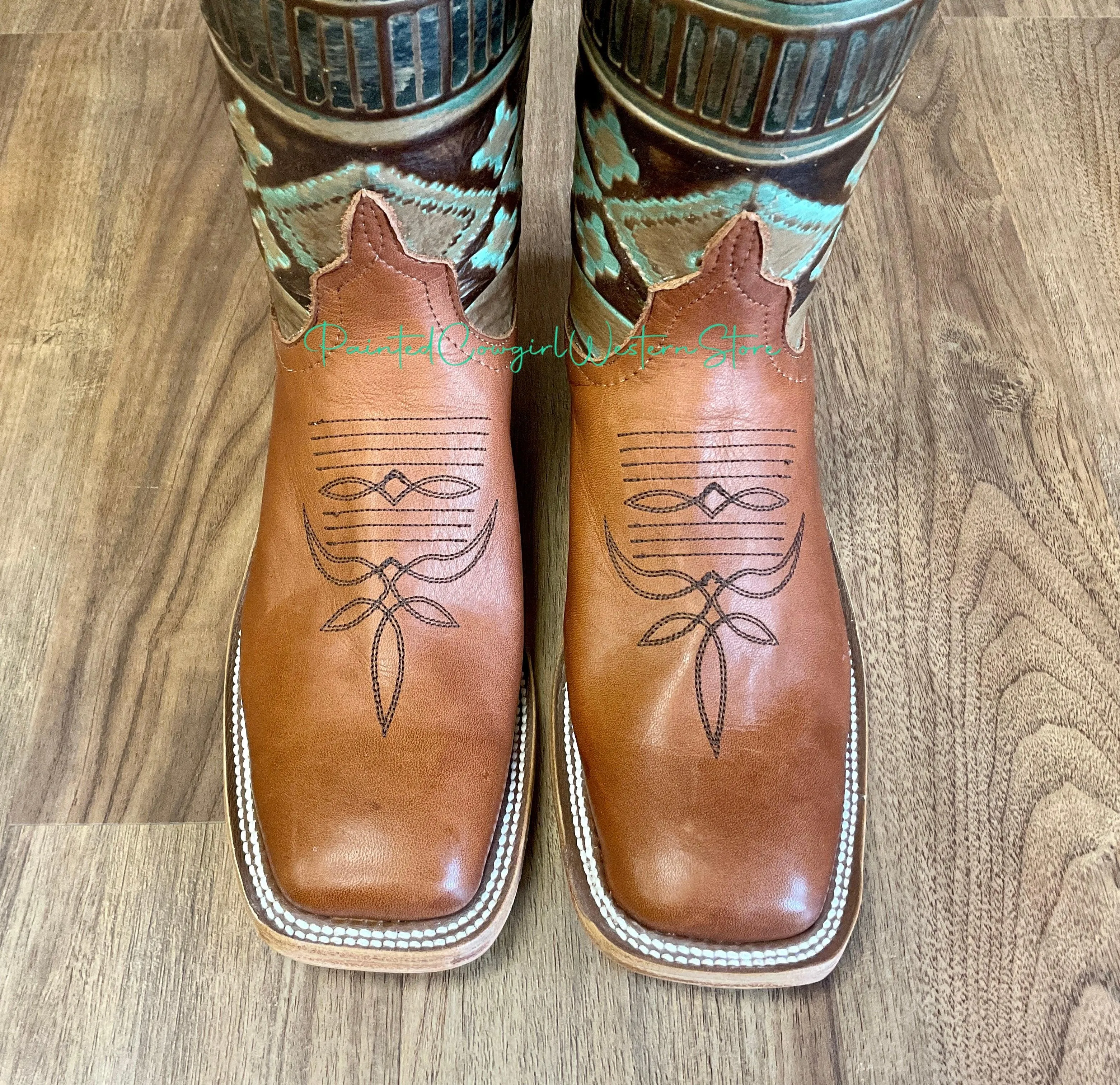 Anderson Bean Women's Cuoio Bella Leather & 10 Teal Embossed Top Square Toe Cowgirl Boots 333572 Tough Kid Fun