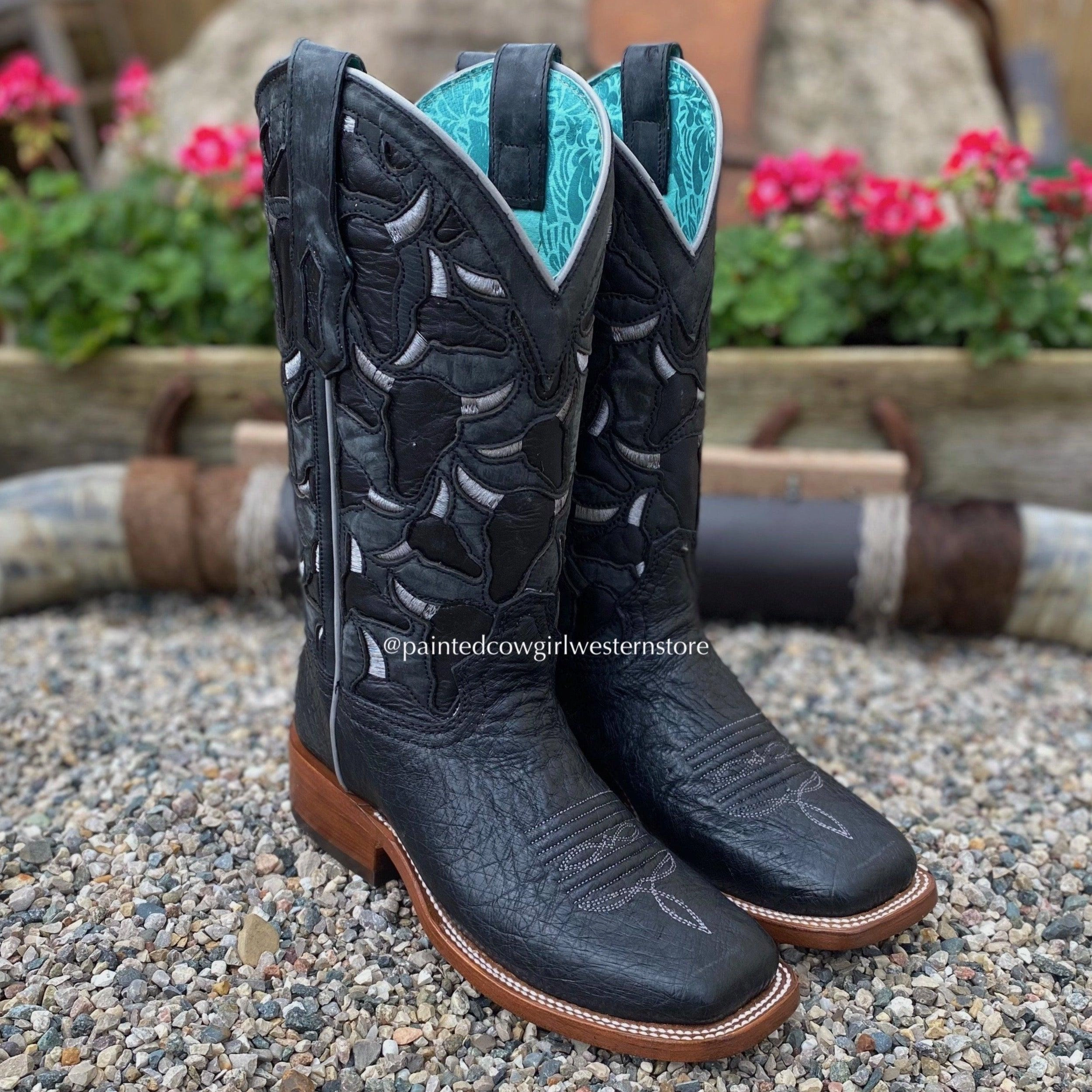 Flexible Construction Corral Women's Black Smooth Quill Ostrich Steer Head Embroidered Square Toe Cowgirl Boots A4058