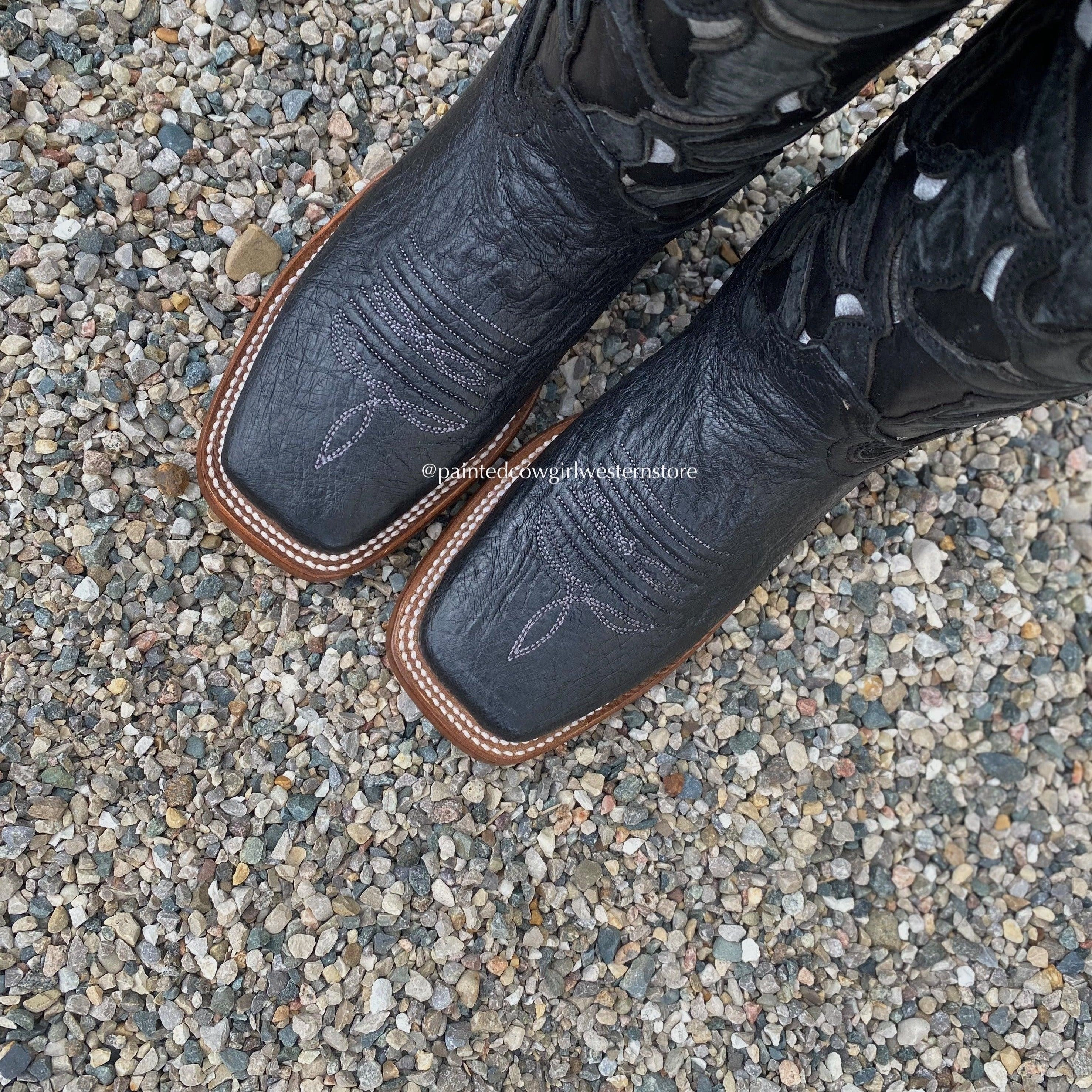 Camping Trip Pull Tab Corral Women's Black Smooth Quill Ostrich Steer Head Embroidered Square Toe Cowgirl Boots A4058