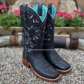 Corral Women's Black Smooth Quill Ostrich Steer Head Embroidered Square Toe Cowgirl Boots A4058 synthetic material