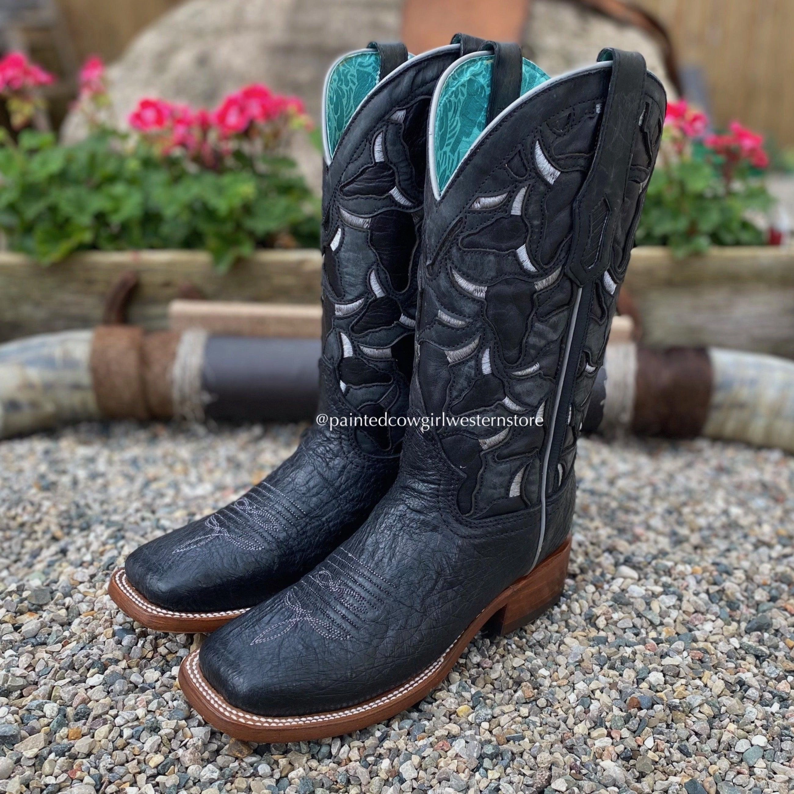 Corral Women's Black Smooth Quill Ostrich Steer Head Embroidered Square Toe Cowgirl Boots A4058 Hiking Comfort Rain Terrain