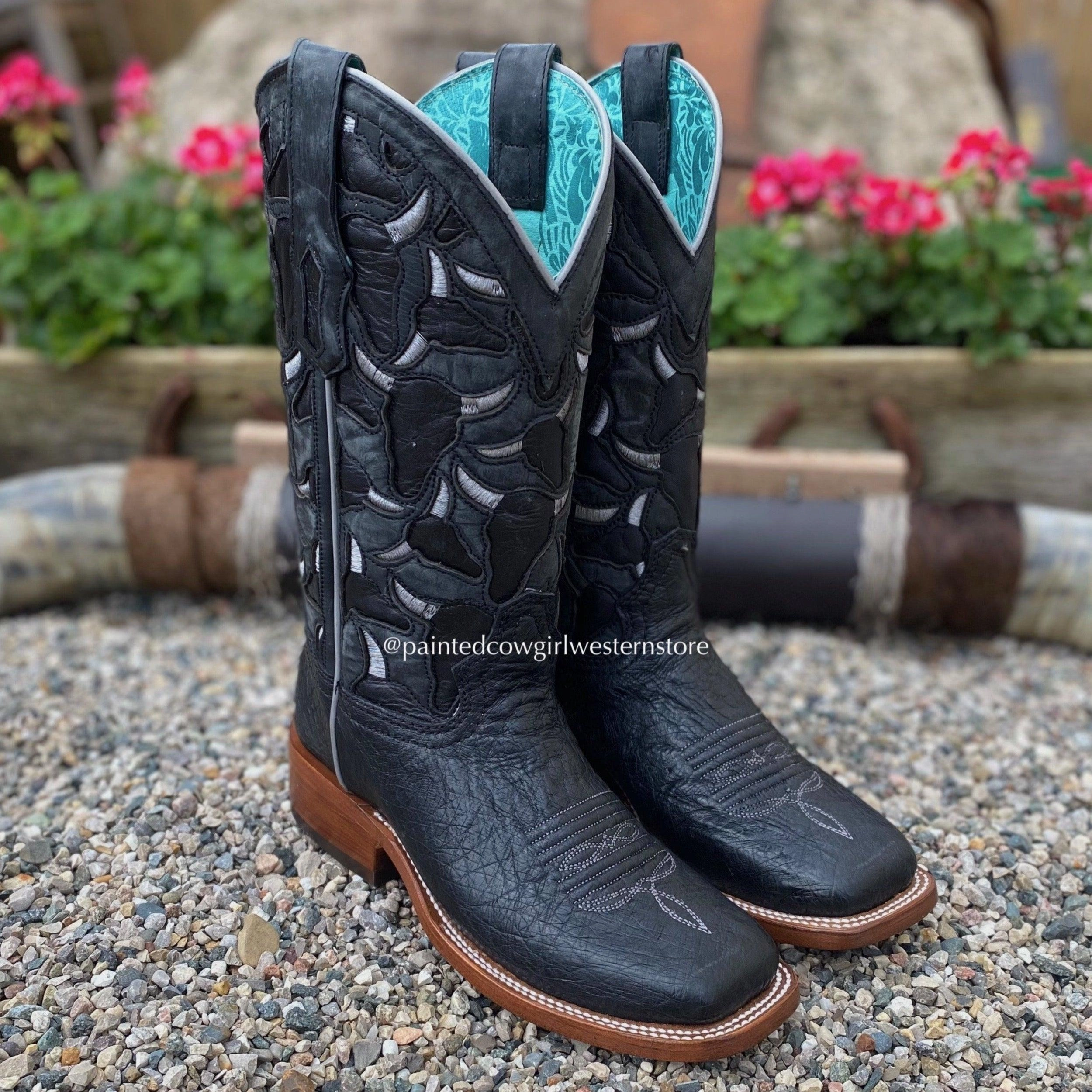 Corral Women's Black Smooth Quill Ostrich Steer Head Embroidered Square Toe Cowgirl Boots A4058 synthetic material